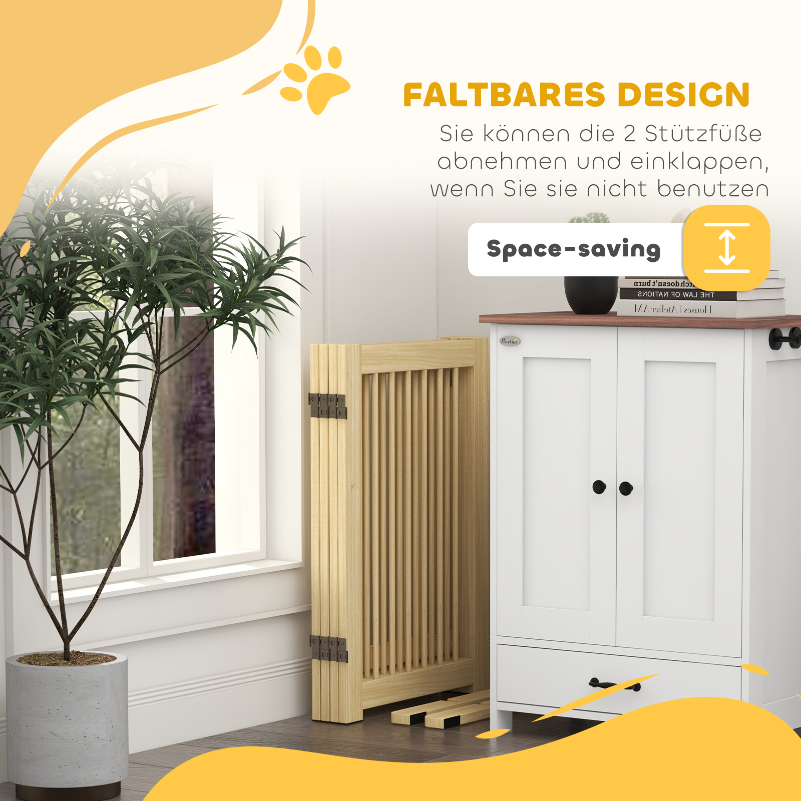 Freistehendes Hundegitter, 4 Paneele, flexibel, Kiefernholz, 204L x 36B x 75H cm, Naturholz