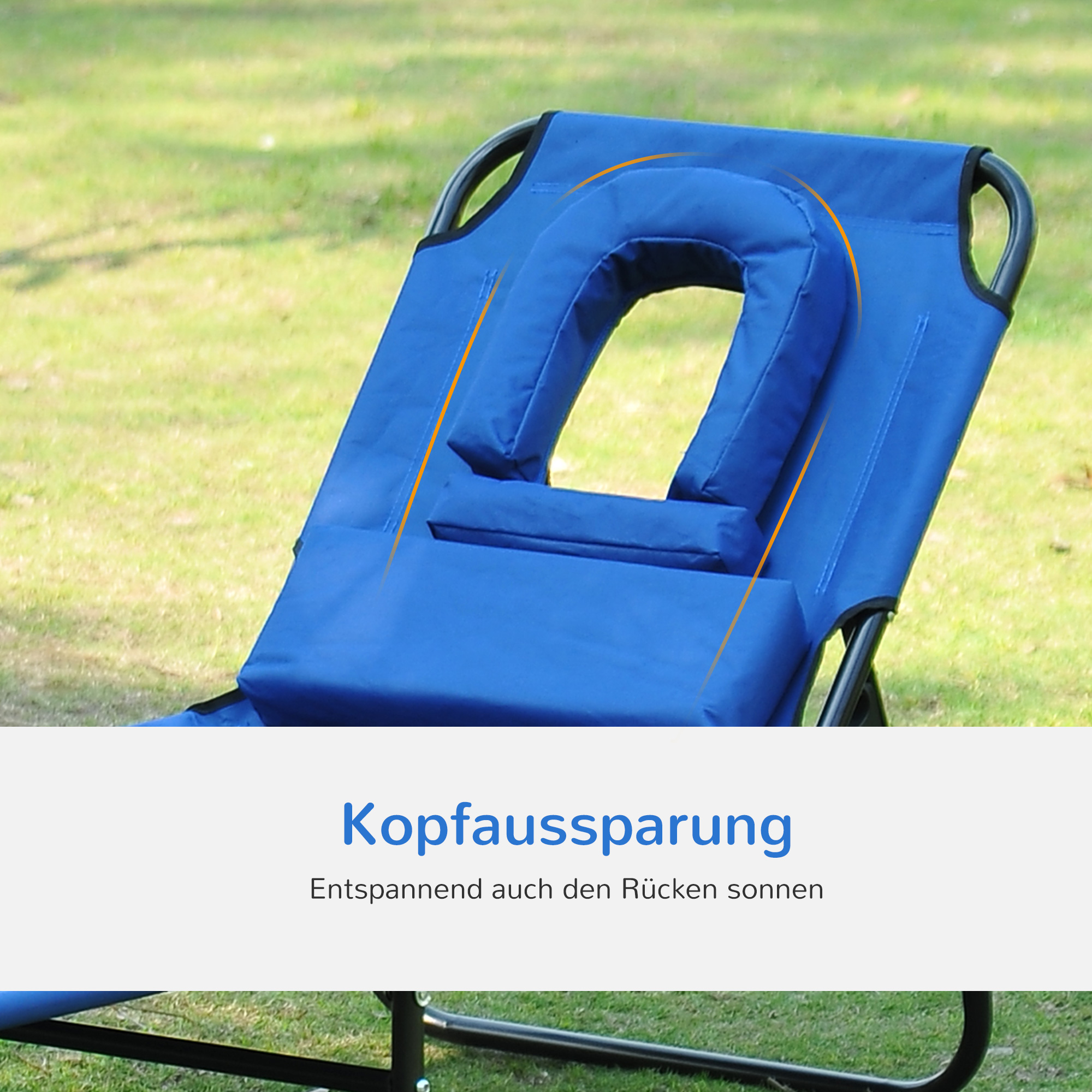 Sonnenliege klappbar Gartenliege mit Kopfkissen Liegestuhl mit 4-Fach verstellbare Rückenlehne Campingliege mit Lesefenster Gartenstuhl bis 120kg belastbar für Garten, Balkon geeignet Blau