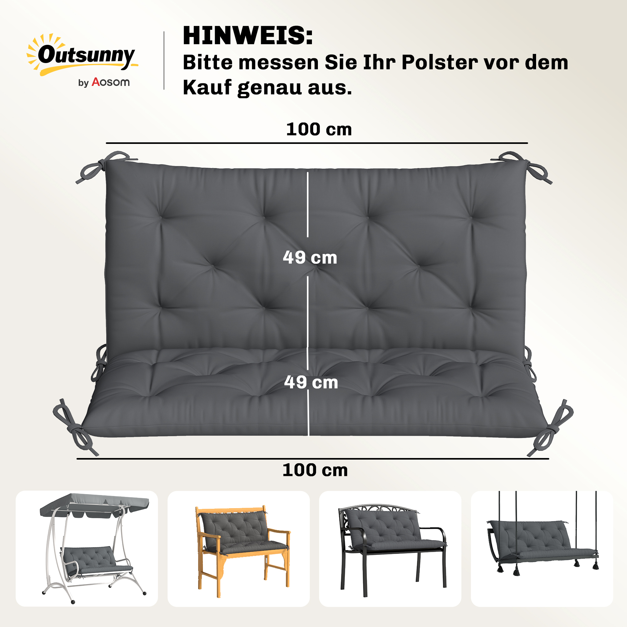 2 Sitzer Bankauflage 100 x 98 x 8 cm Sitzkissen mit Bändern Rückenkissen für Indoor/Outdoor Polster Auflage für Sitzbank Gartenbank Gartenmöbel Hollywoodschaukeln Dunkelgrau