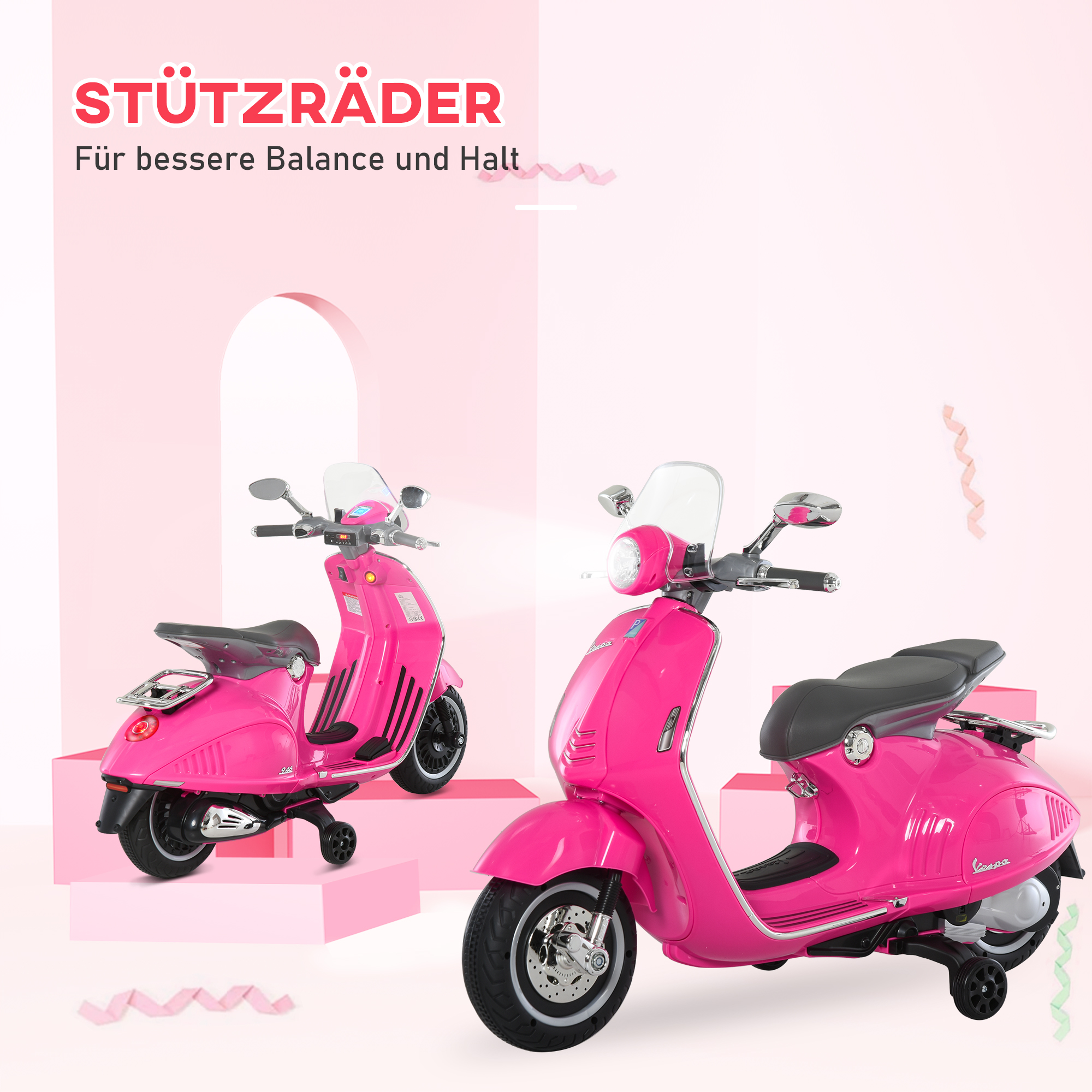 Elektro-Motorrad für Kinder mit MP3-Musik, Scheinwerfern, 3-6 Jahre, Kunstleder, Metall, 108 x 49 x 75 cm, Rosa