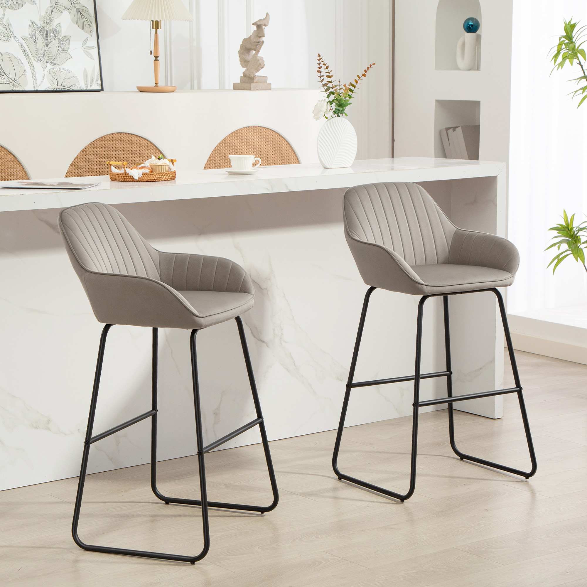 2er-Set Barstühle, Barhocker mit Stoffbezug und Schaumstoffpolsterung, Polsterhocker mit Metallbeinen, Grau