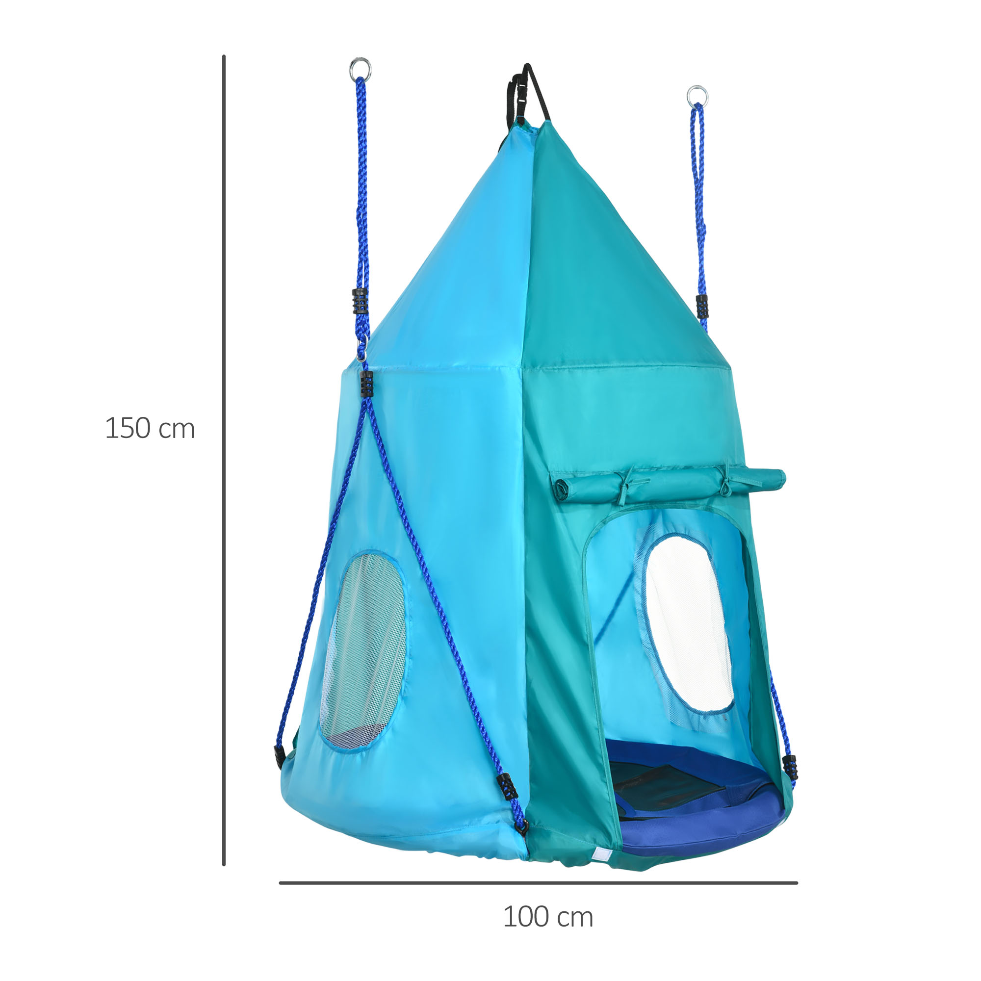 Nestschaukel mit Zelt, Ø100 cm, längenverstellbare Seile, wasserdicht, bis 150 kg belastbar, blaugrün