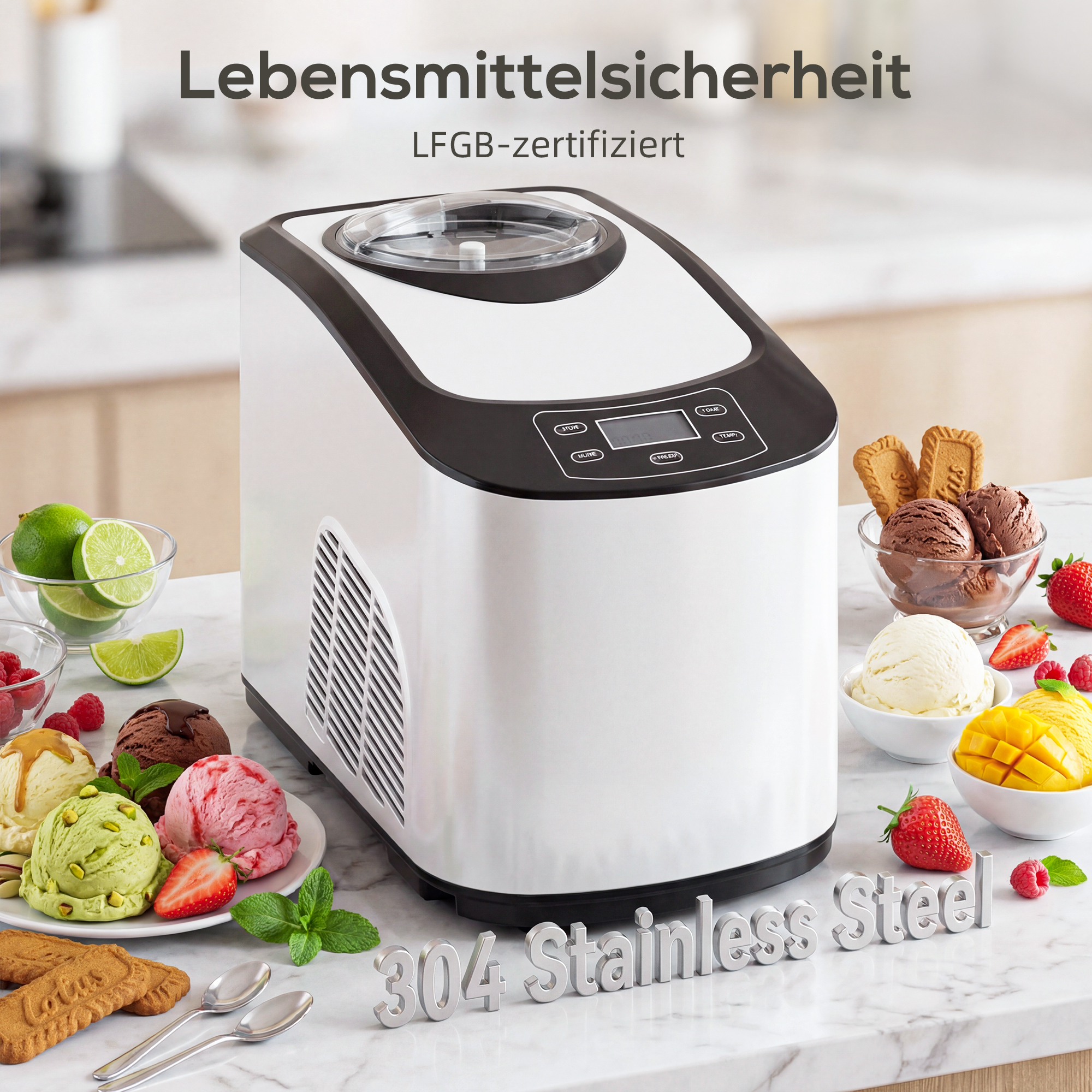 Eismaschine ohne vorfrieren mit eingebautem Kompressor, 1,5L, Weiß