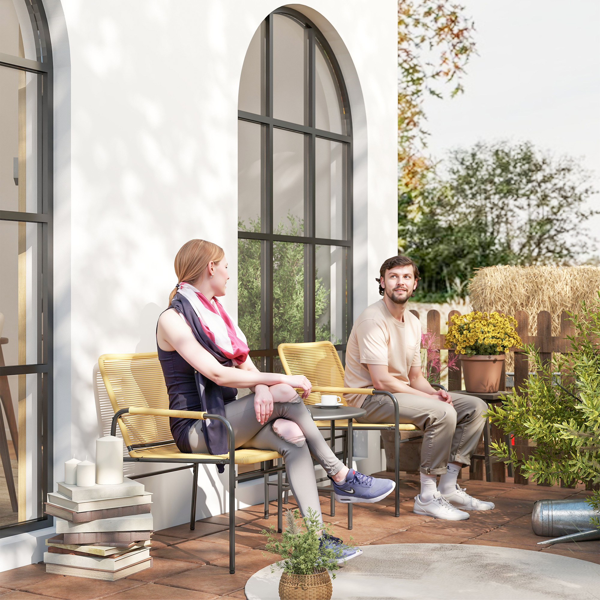 3-tlg. Rattan Bistroset, Sitzgruppe, Gartengarnitur mit 2 Gartensesseln, Couchtisch 54 x 66 x 76 cm Gelb