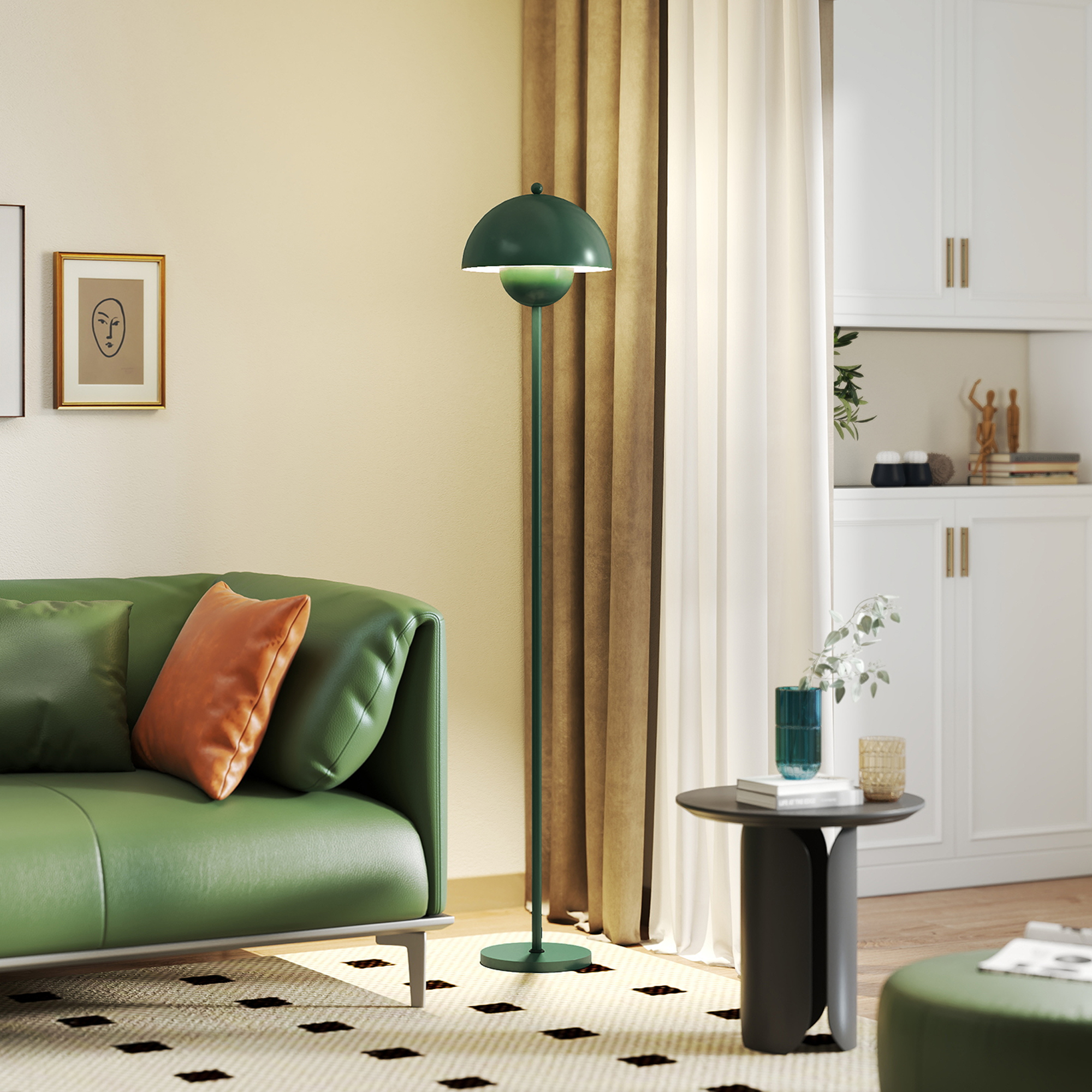 Stehlampe, runder Schirm, Fußschalter, langes Kabel, eleganter Look, Stahl, Grün