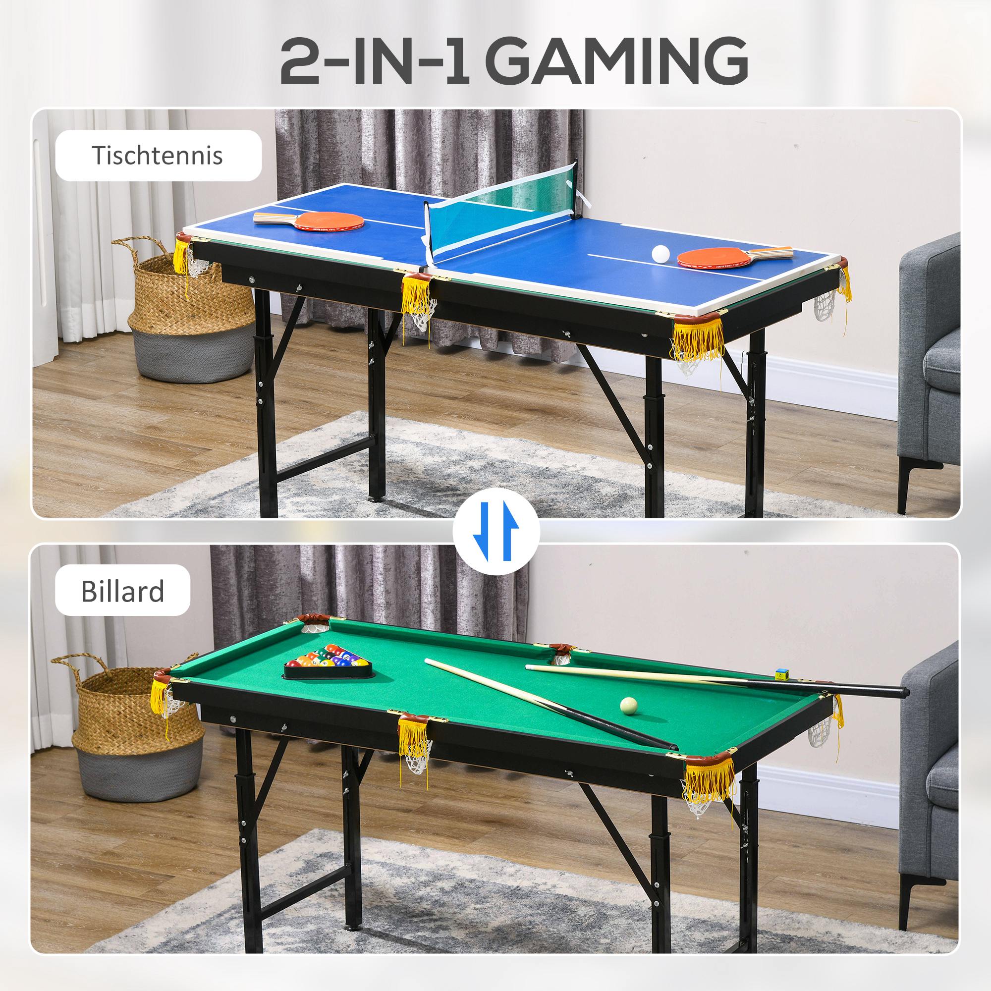 2-in-1 Billardtisch, Tischtennisplatte, mit Zubehör, 140x63x80cm, Blau/Grün