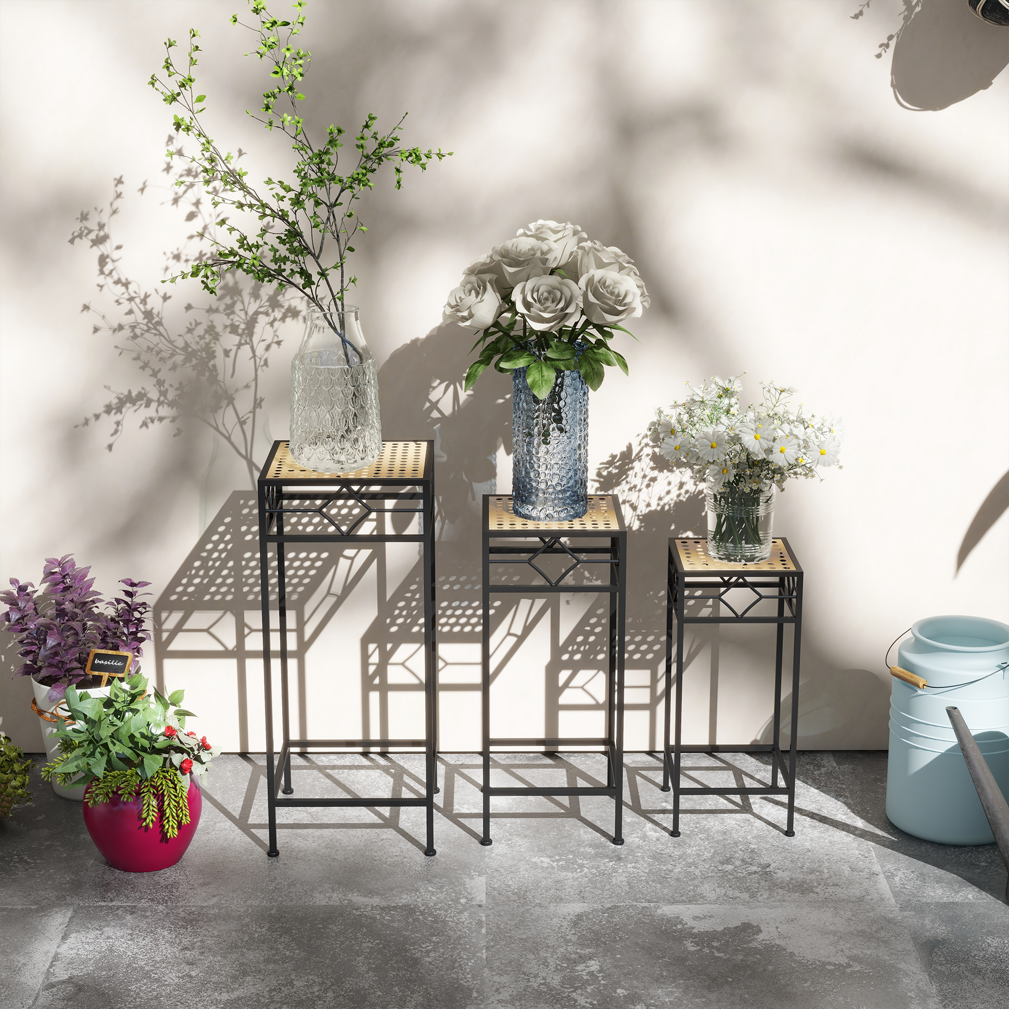 Blumenständer, 3er-Set, rund, stapelbar, Rattanoptik, Metallbeine, In- und Outdoor, Schwarz/Gold