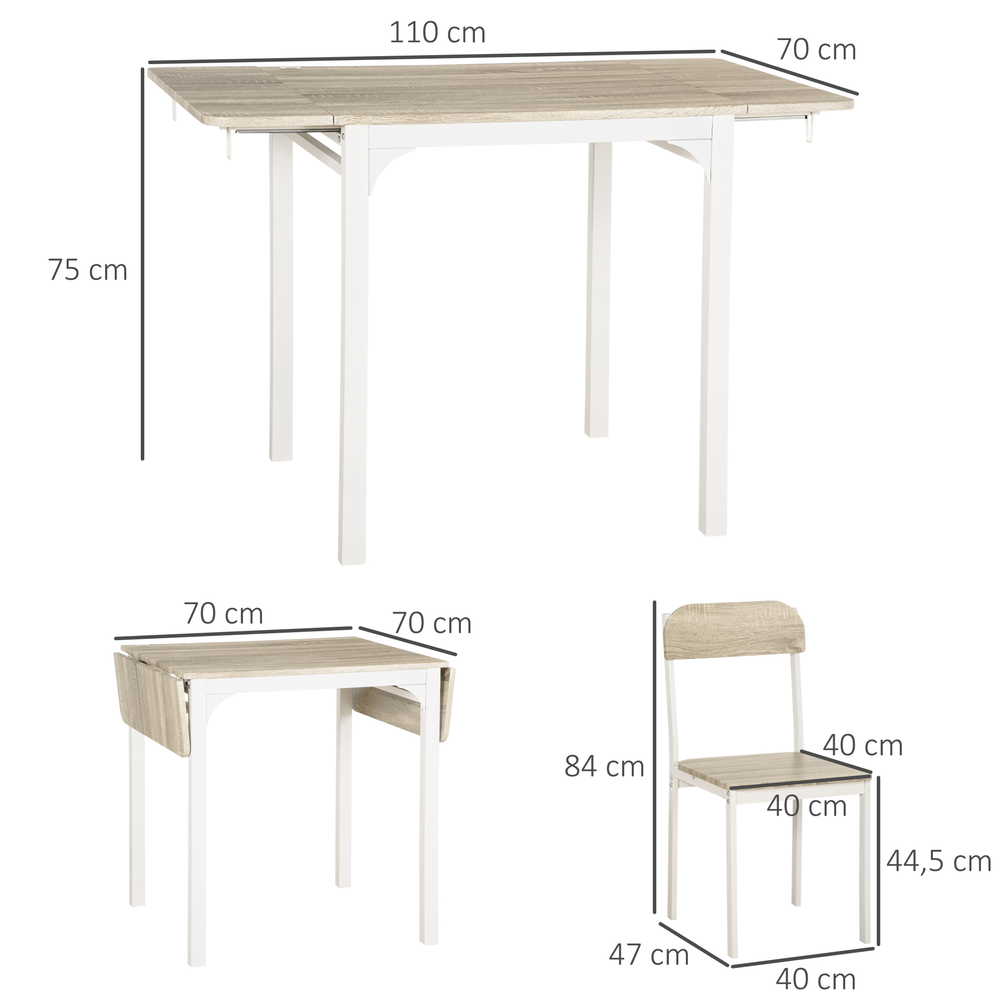 2-teilige Sitzgruppe, Klappbarer Esstisch mit 2 Stühlen, Klapptisch, 110 cm x 70 cm x 75 cm, Weiß + Natur