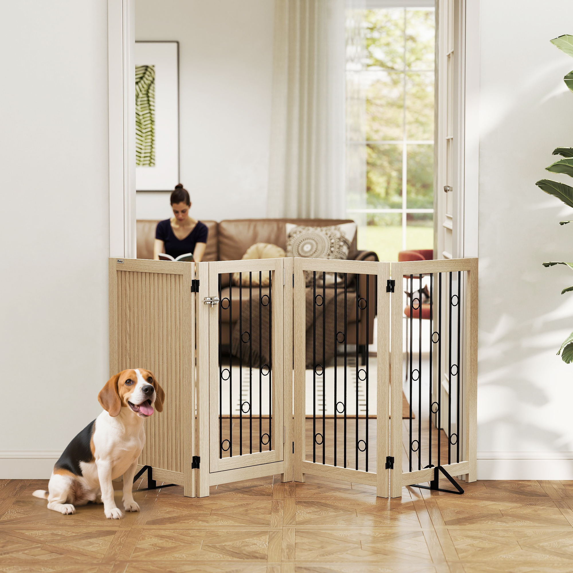 Freistehendes Haustiertor, Hundegitter mit Tür, 4 Paneele, für Flur, Treppe, Türrahmen, MDF, Stahl
