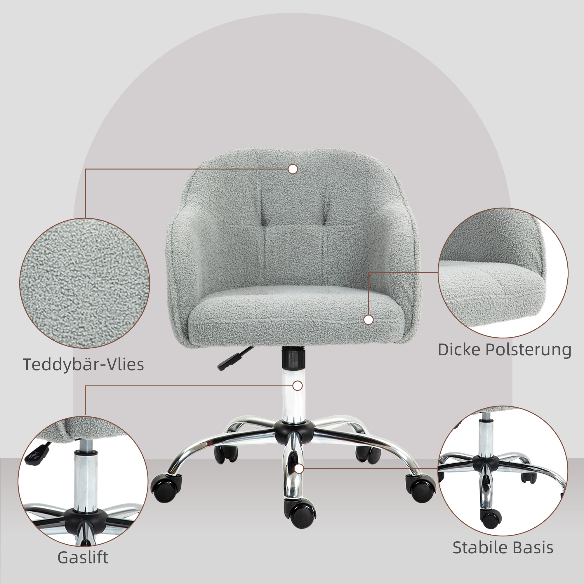 Homeoffice Stuhl, Ergonomisch Schreibtischstuhl mit Wippfunktion, Teddysamtoptik 56 x 61 x 86 cm Grau