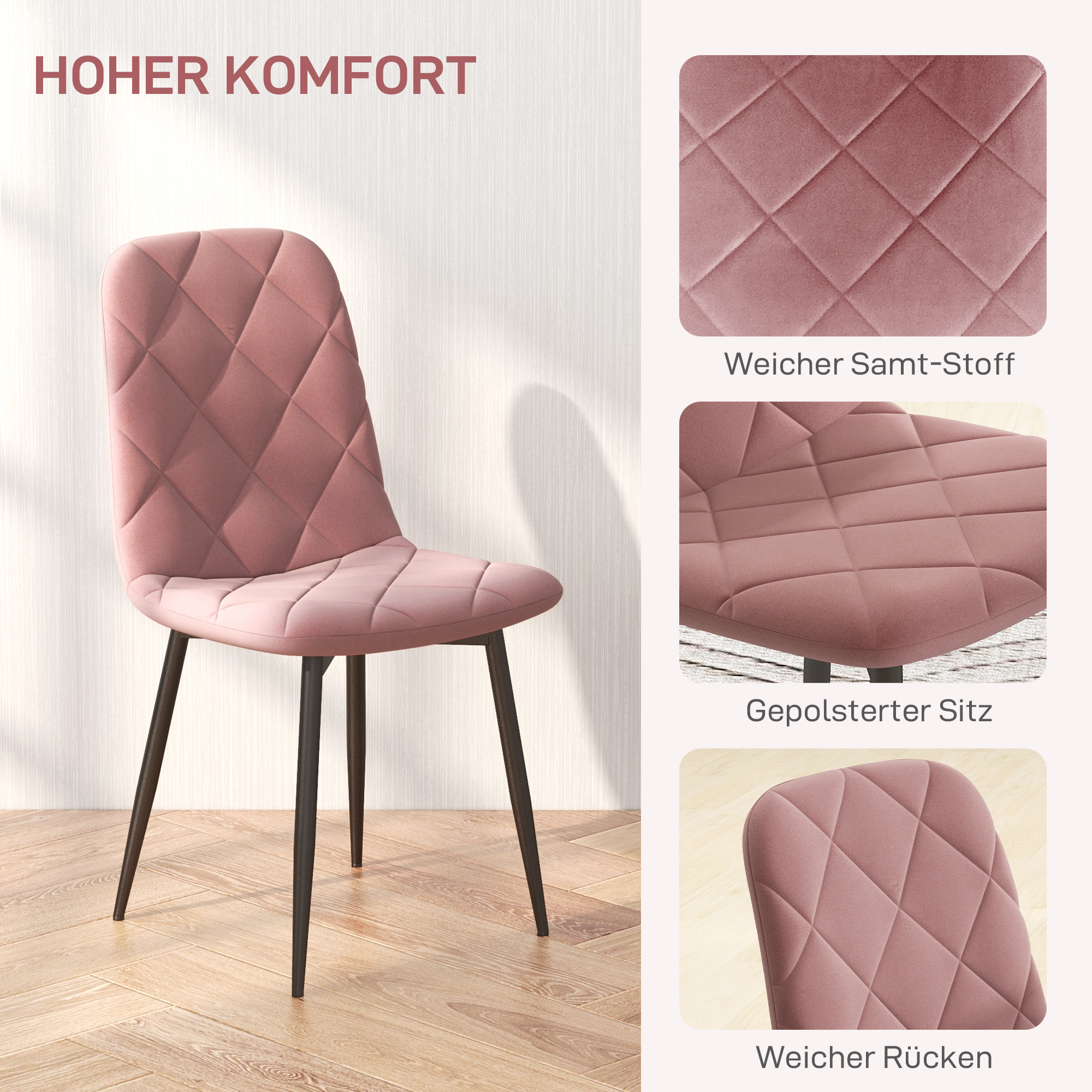 Esszimmerstühle 4er Set Küchenstuhl mit Rückenlehne, Samtoptik, Sessel 45 x 54 x 87 cm Rosa