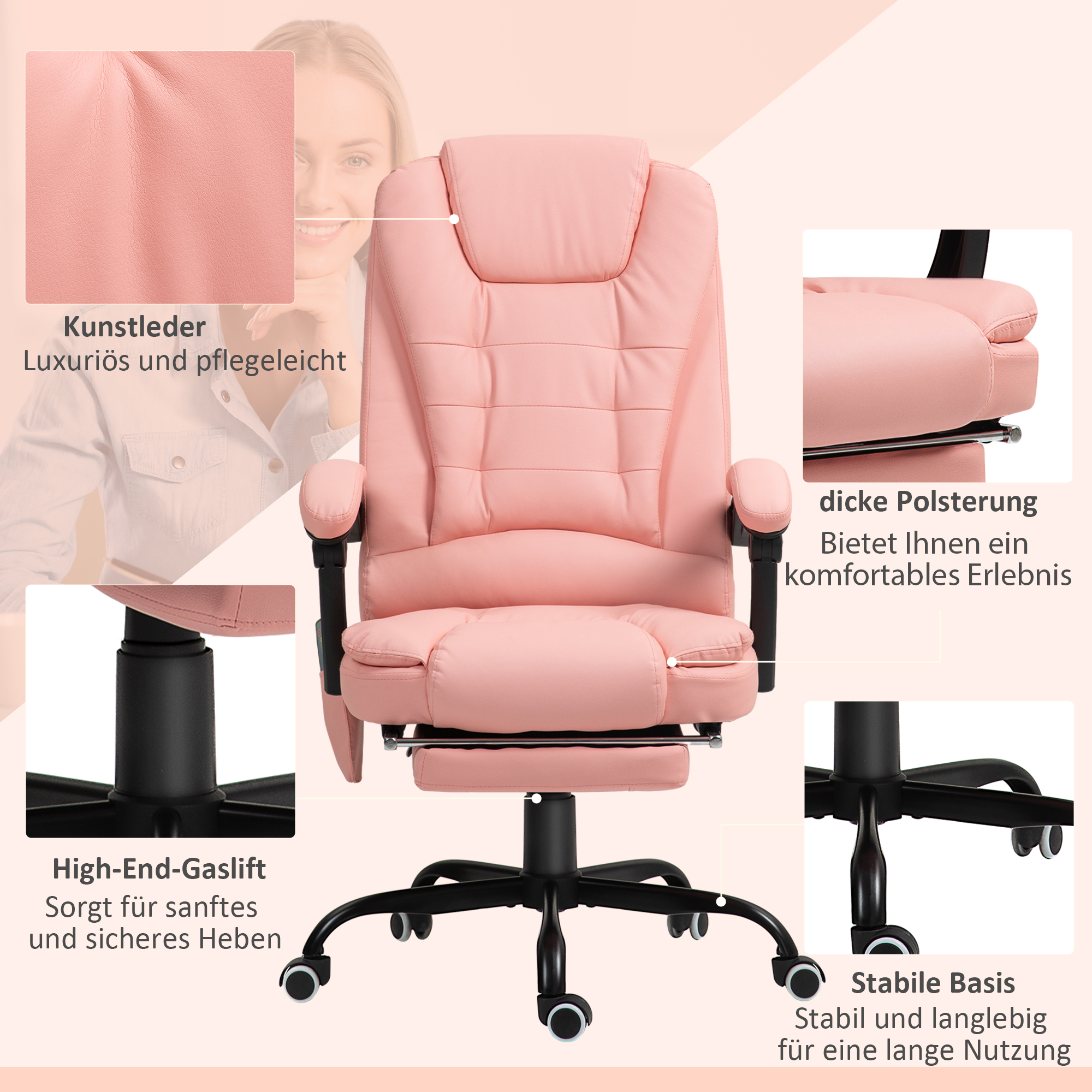 Massage-Bürostuhl, 7 Vibrationspunkte, verstellbare Fußstütze & Lehne, bis 120 kg, Lederoptik, Rosa