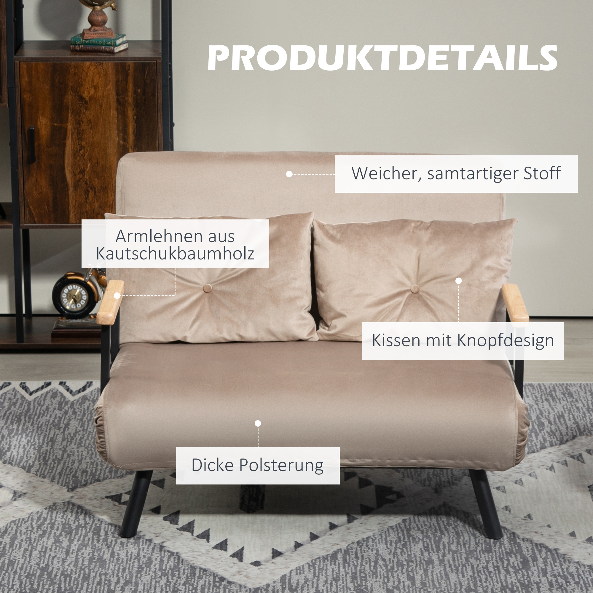 Schlafsessel, Gästebett, Holz-Armlehnen, metallrahmen, bis 120 kg, 102x73x81cm, Hellbraun