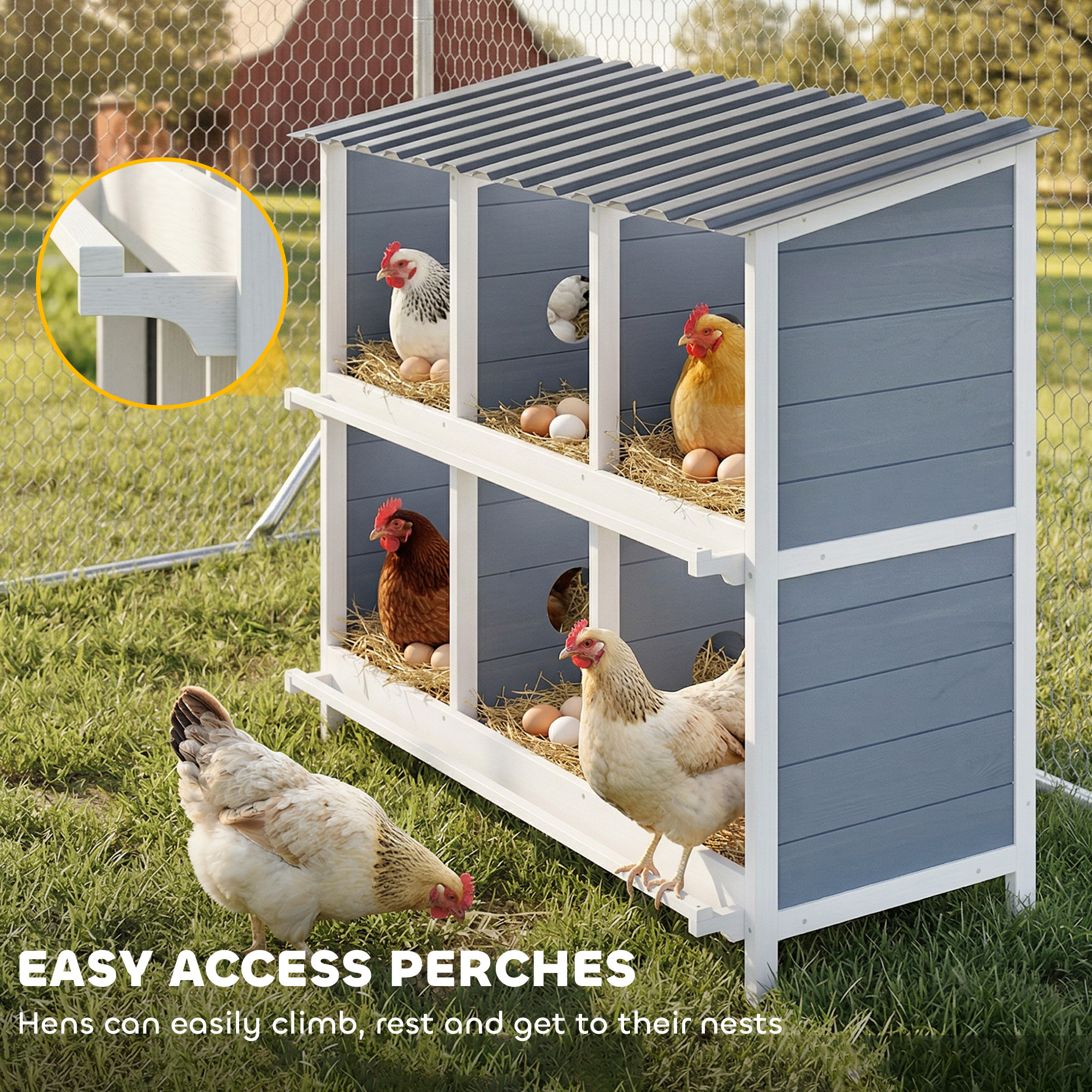 Legenest für Hühner, erhöhtes Hühnernest aus Holz mit 6 Fächer, 2 Sitzstangen für Kleintierstall 102 x 50 x 91 cm, Grau