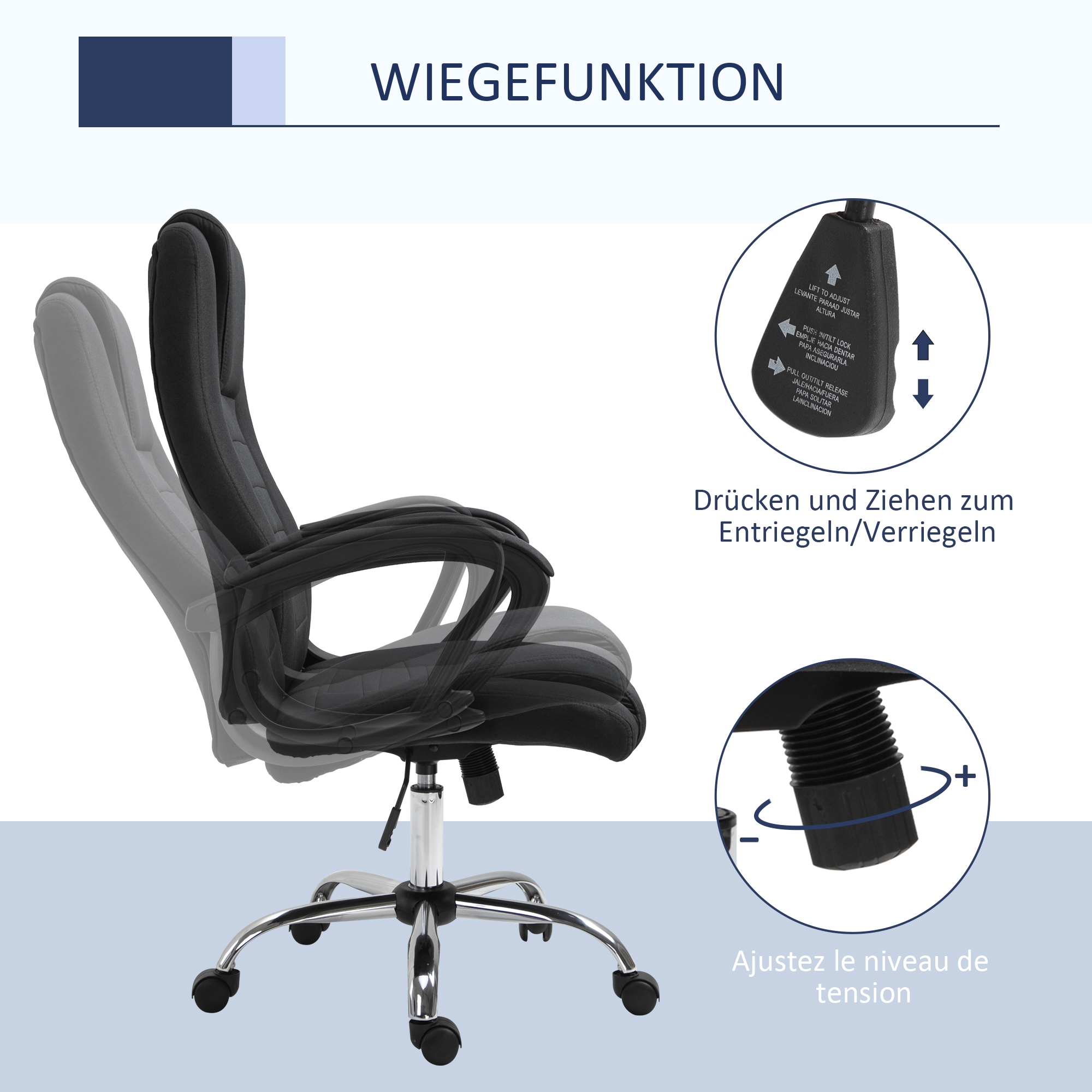 Bürostuhl Computerstuhl mit Wippenfunktion Kopfstütze ergonomischer Schreibtischstuhl drehbar höhenverstellbar Leinen-Touch Schwarz 62 x 76 x 110-119 cm