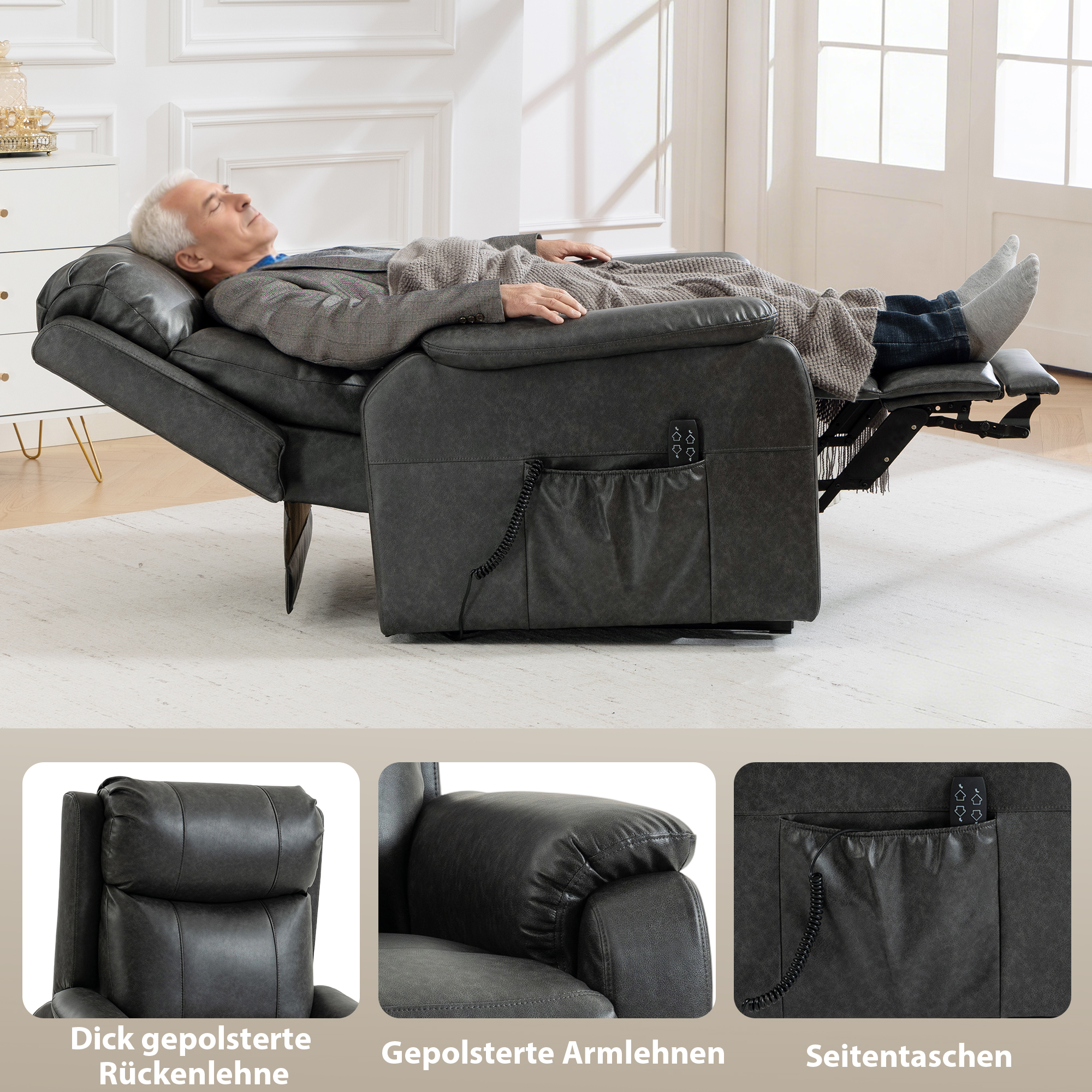 Riser- und Relaxsessel für Senioren, Elektrischer Lift-Sessel aus Kunstleder mit Doppelmotor, Federkissen, Schwarz