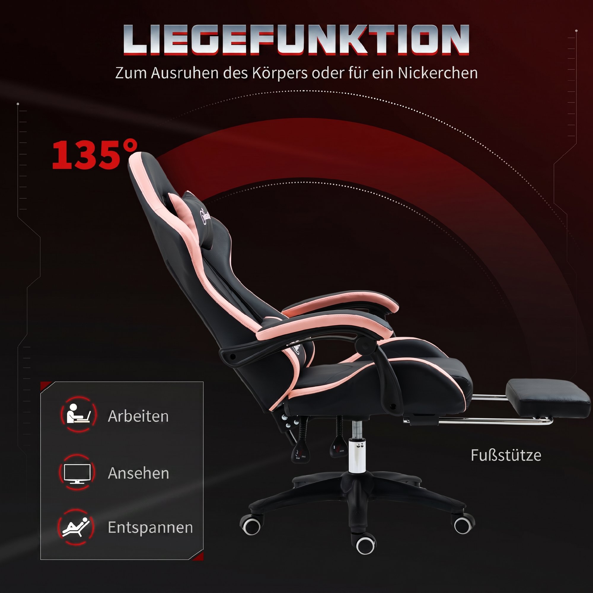 Bürostuhl, Gamingstuhl, 1 Kopfstütze, 1 Lendenstütze, Rosa + Schwarz