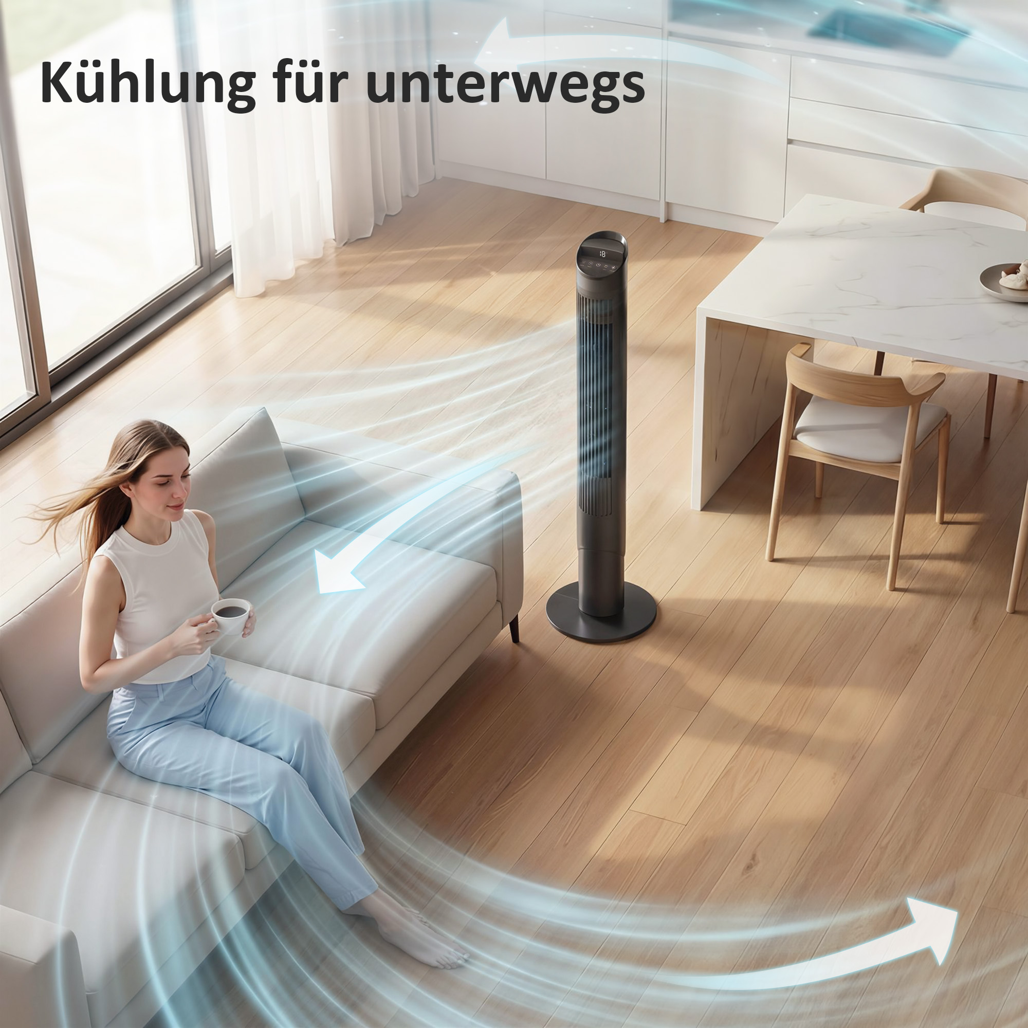 116 cm Turmventilator, Standventilator mit Fernbedienung WiFi App-Steuerung, 65° Oszillation 6 Geschwindigkeiten 4 Modi