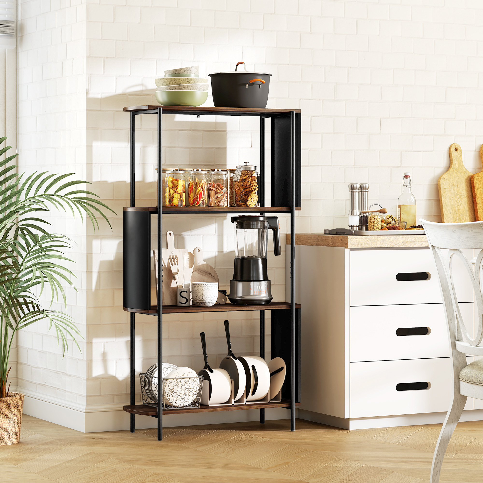 4-stufiges Regal, freistehendes Regal mit geschwungenem Design, industrielles Bücherregal, braune Holzoptik