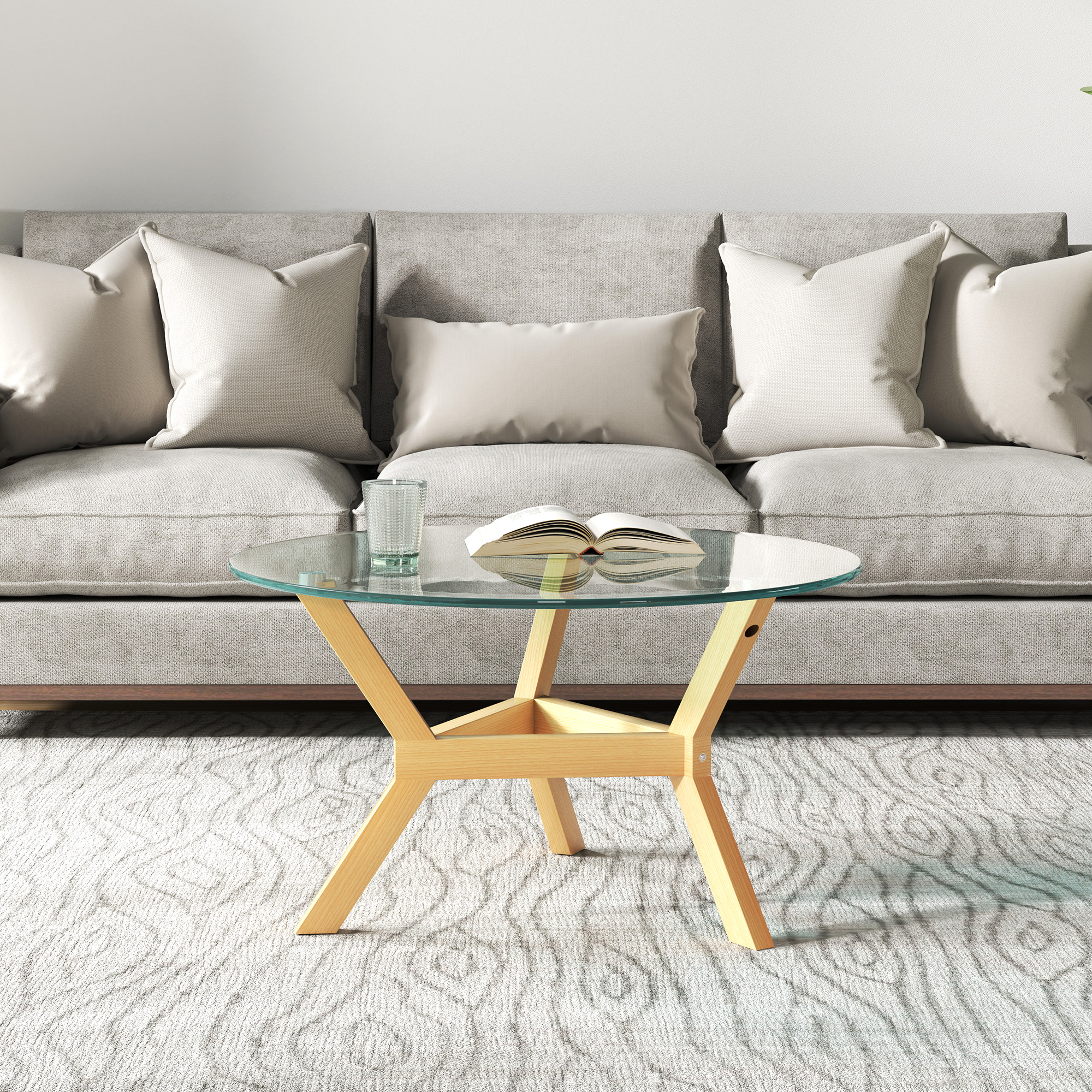 Runder Beistelltisch aus gehärtetem Glas mit verstellbaren Fußpolstern und Stahlrahmen, für Wohnzimmer, Schlafzimmer