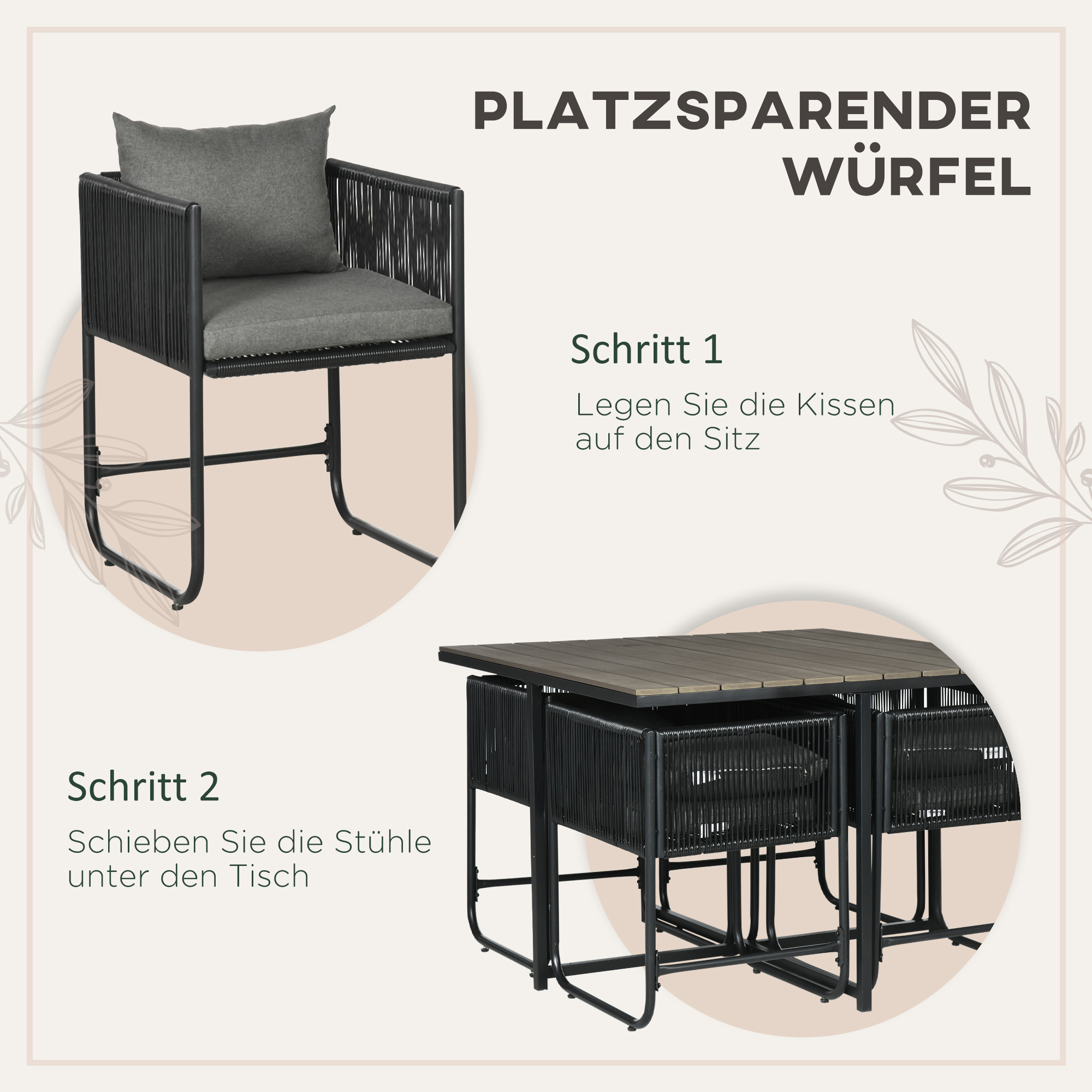 Outdoor Essgruppe, Gartengarnitur, 5-teilig, Polyrattan, Sitzkissen, wetterfest, Schwarz/Grau