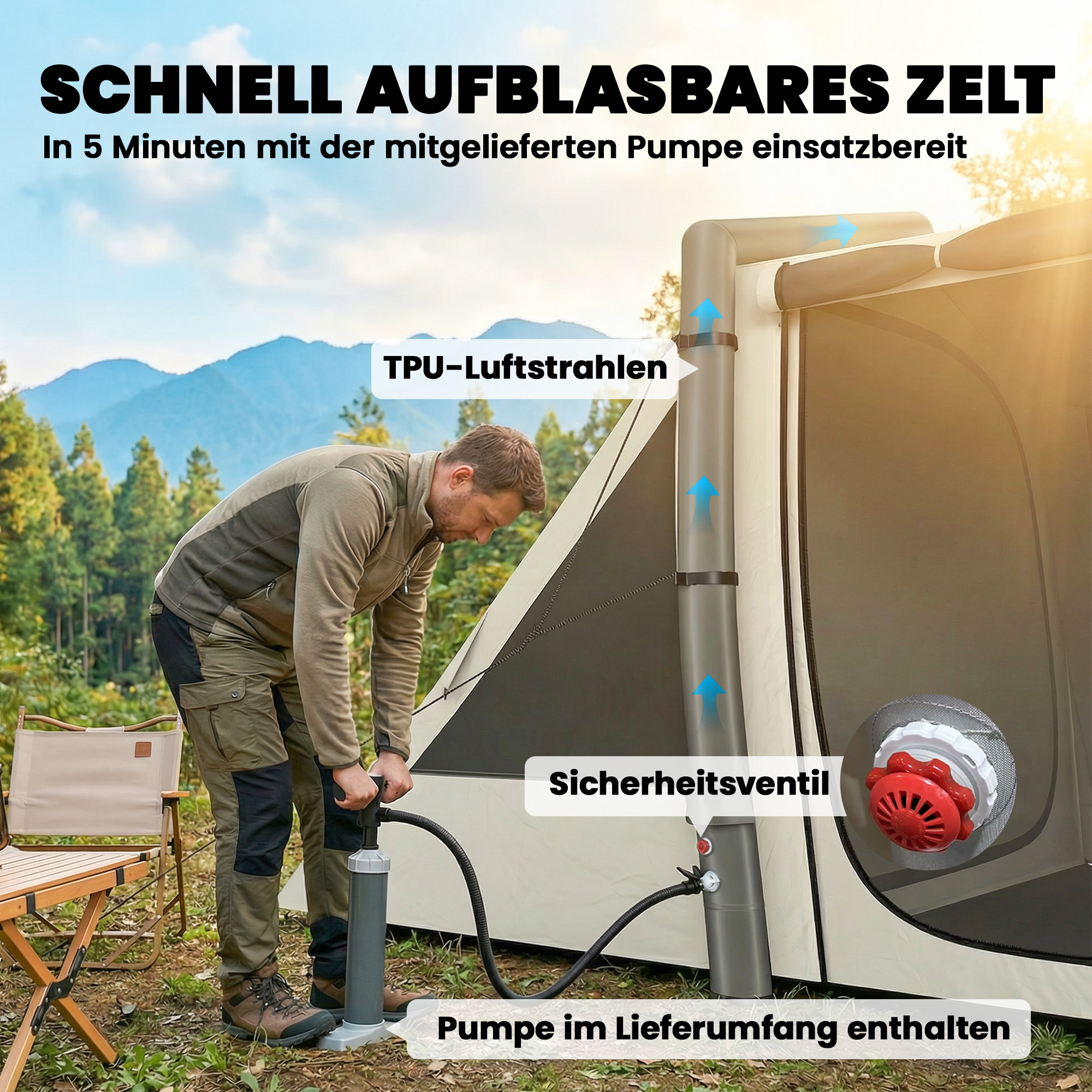 Aufblasbares Zelt 4 Personen Schneller Aufbau Outdoor Zelt für Camping mit 2 Schlafzimmern Vorraum Fenster