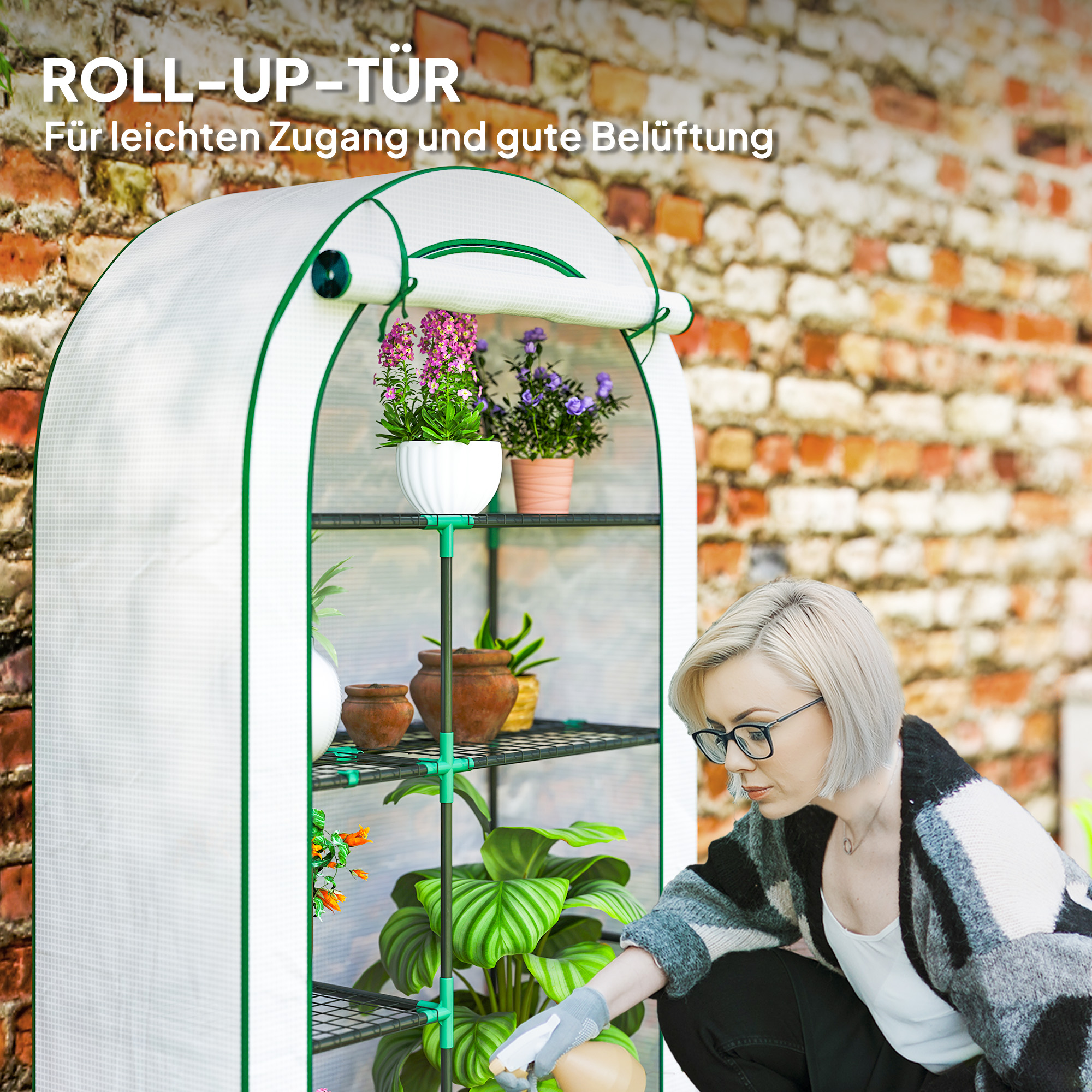 Mini-Gewächshaus, 4-stufiges Gewächshaus mit Kunststoff-Plane, tragbar, Rolltür, 100 x 45 x 160 cm, Weiß