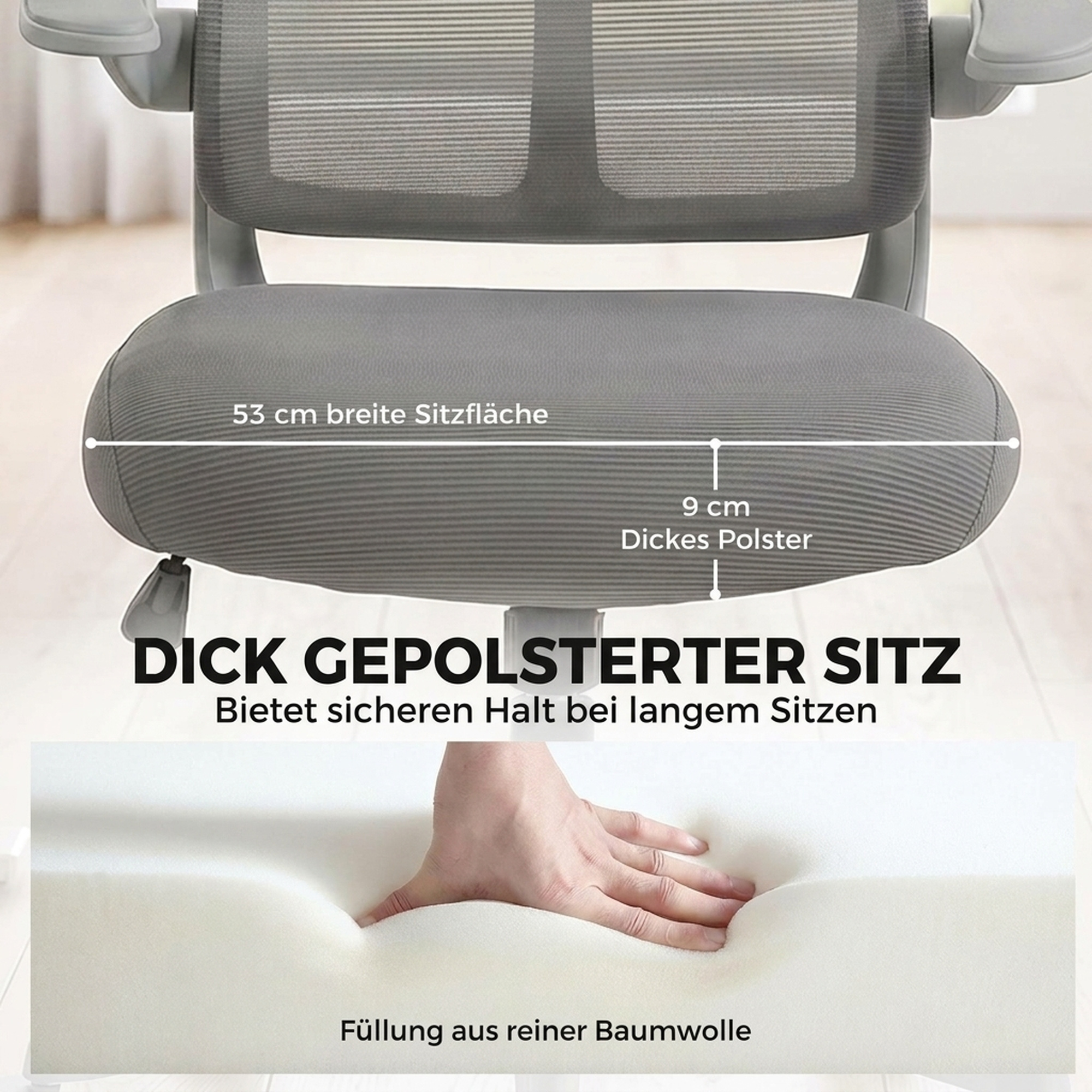 ergonomischer Mesh-Bürostuhl, drehbarer Stuhl mit hoher Rückenlehne, klappbaren Armlehnen, Wippfunktion, Grau