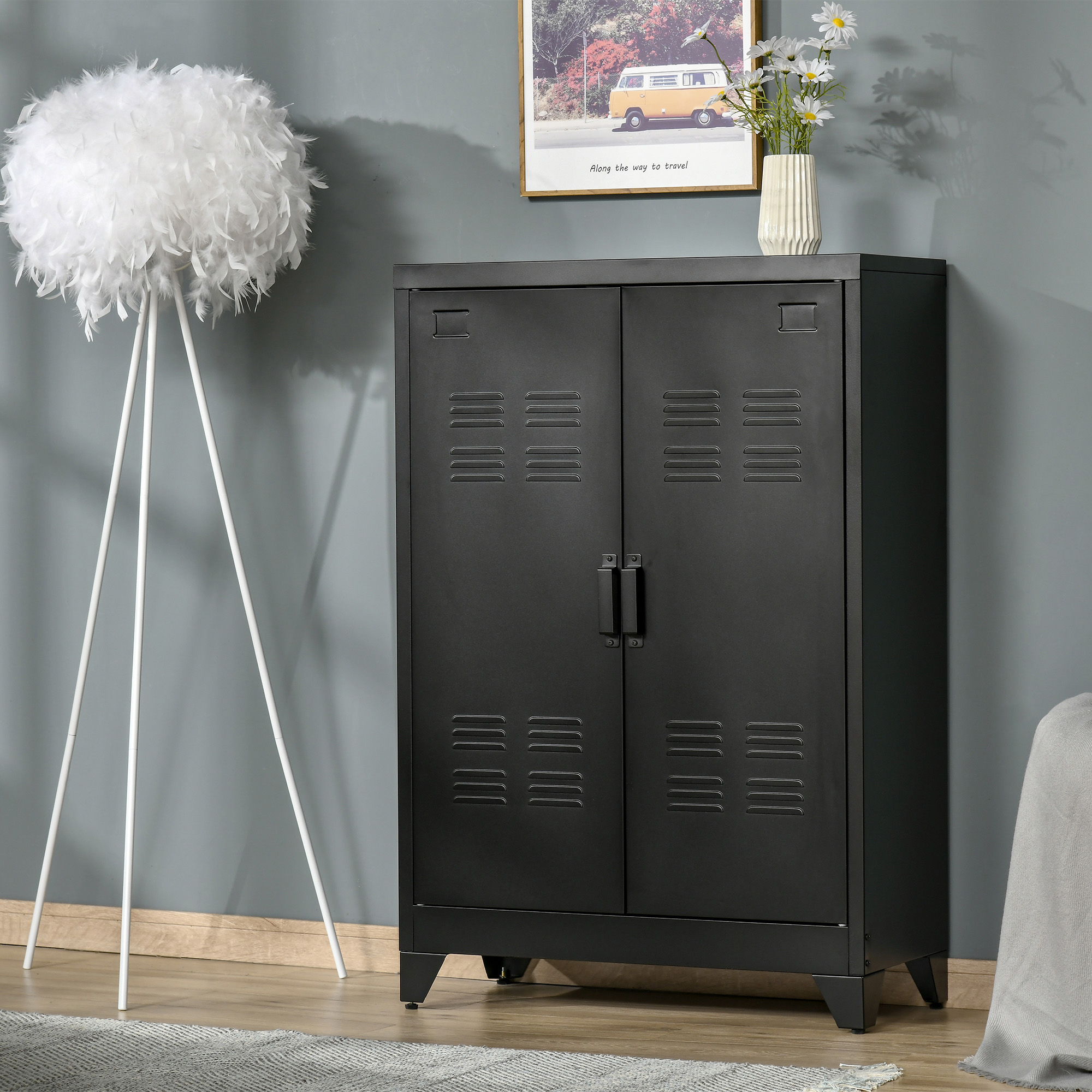 Aktenschrank Metallschrank Mehrzweckschrank mit magnetischer Lamellen-Doppeltür Verstellbarer Einlegeboden Büroschrank Aufbewahrungsschrank für Arbeitszimmer Wohnzimmer 75 x 33 x 110 cm Schwarz