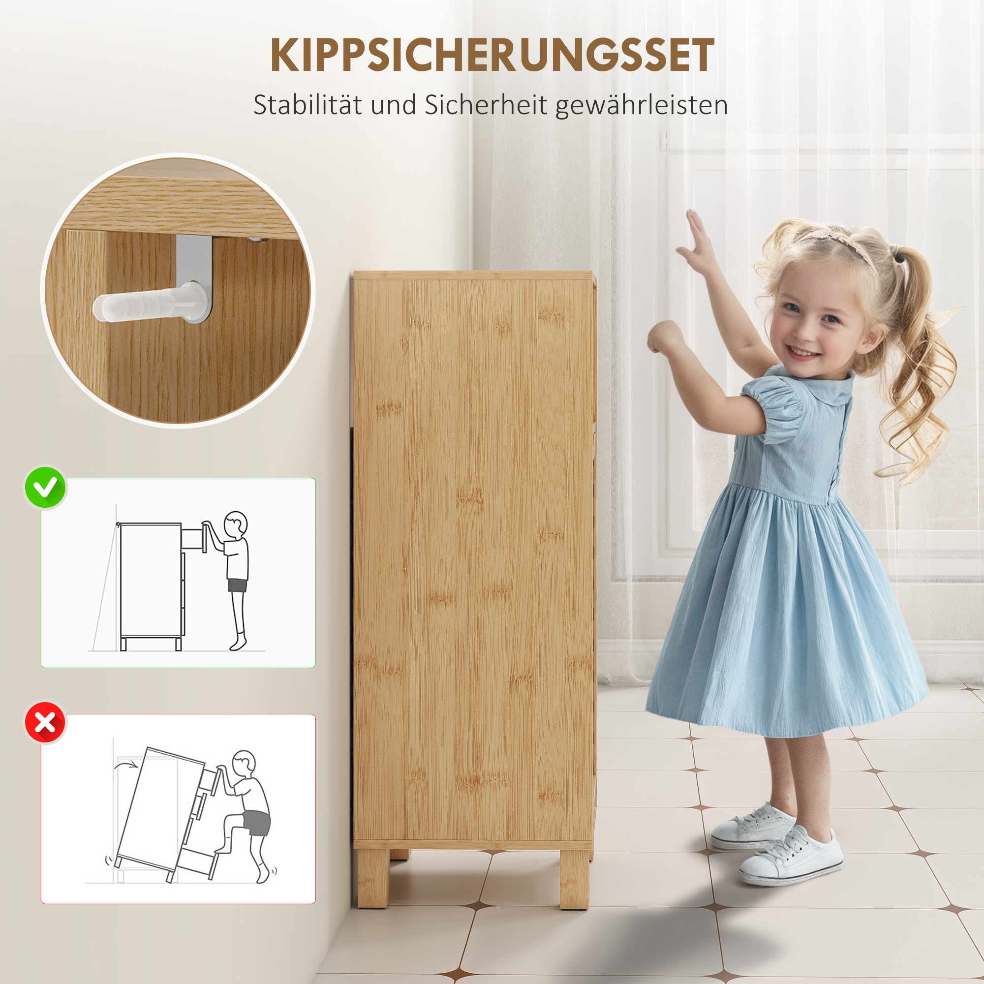 Badezimmerschrank, offenes Regal, Schrank, Bambusholz, Lamellentür, Hellbraun