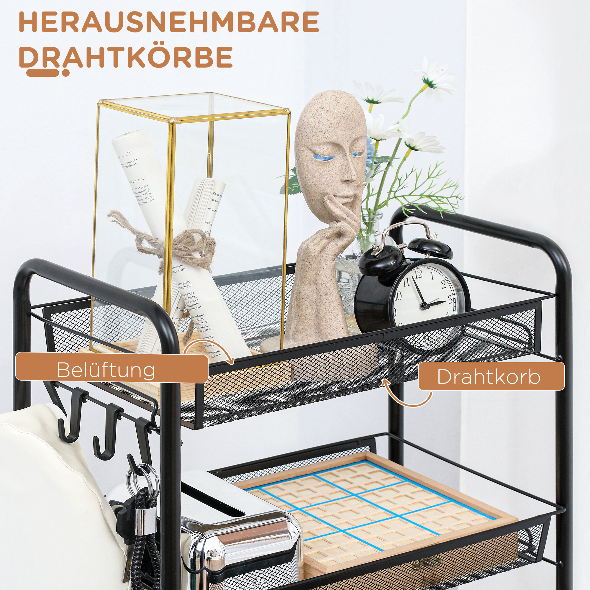 Küchenwagen mit 5 Drahtkörben, 4 Haken, 4 Rollen, 2 Griffe, Stahl/Kunststoff, 45x26,5x106 cm, Weiß