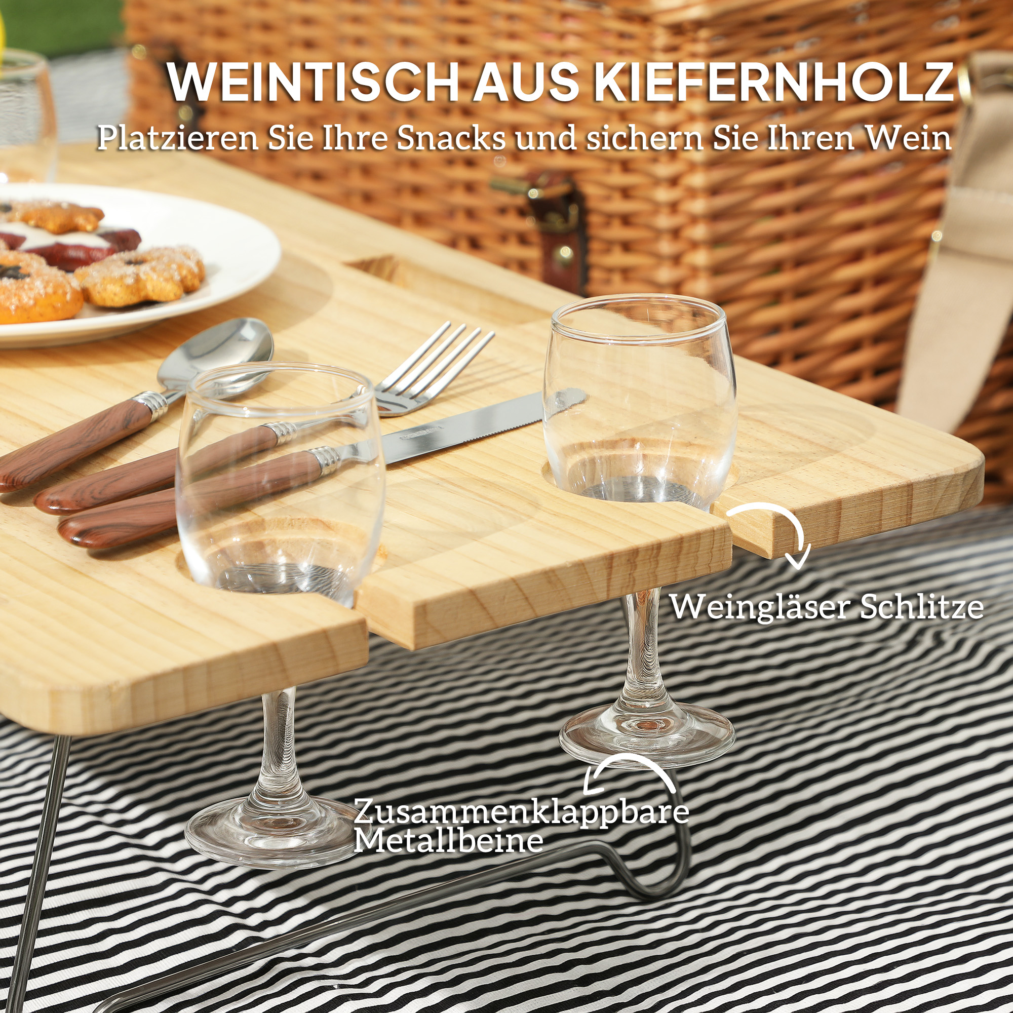 Picknickkorb aus Weidenholz Picknickkoffer für 4 Personen mit Picknickdecke Besteck Set, Flascheöffner Hellbraun