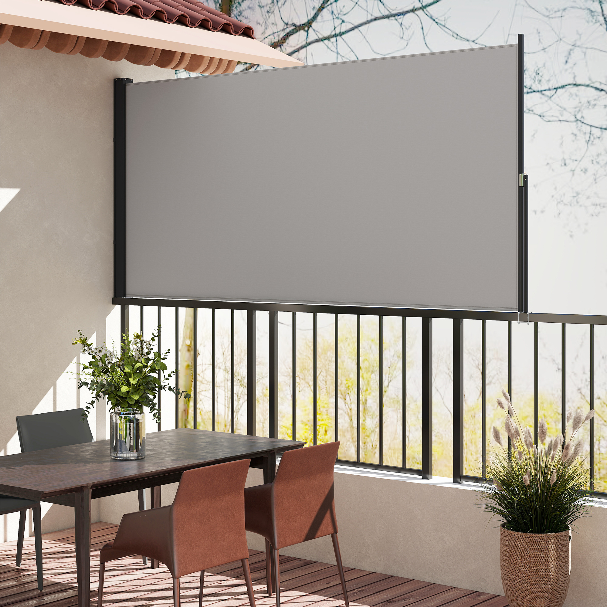Seitenmarkise, Seitenrollo, ausziehbar, Sichtschutz, Aluminium/Polyester, 3 x 1,4 m, Hellgrau