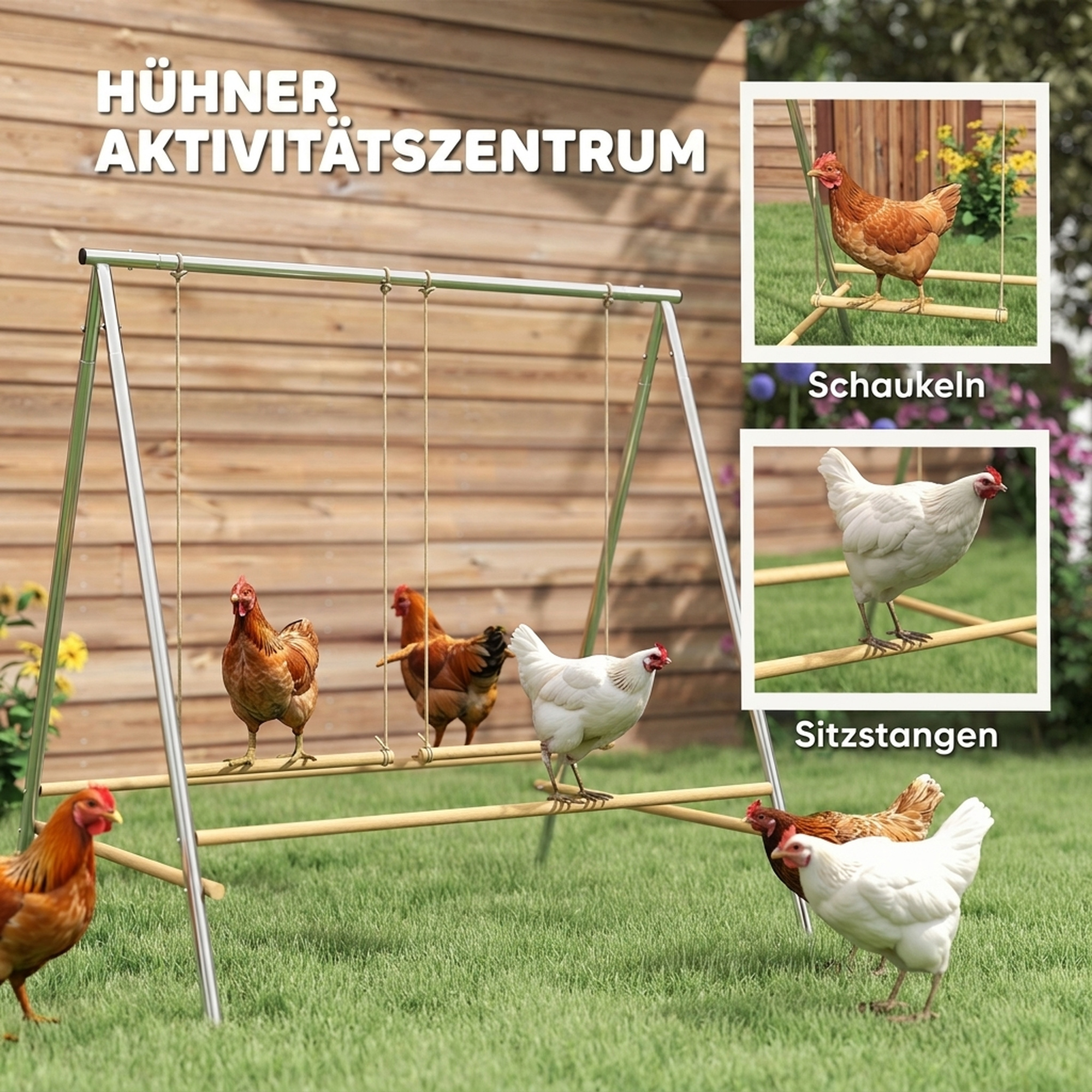 Hühner Spielgerüst aus Stahl Kiefernholz, Spielplatz für Hühner mit Sitzstangen, 2 Schaukeln für 4-6 Hühner