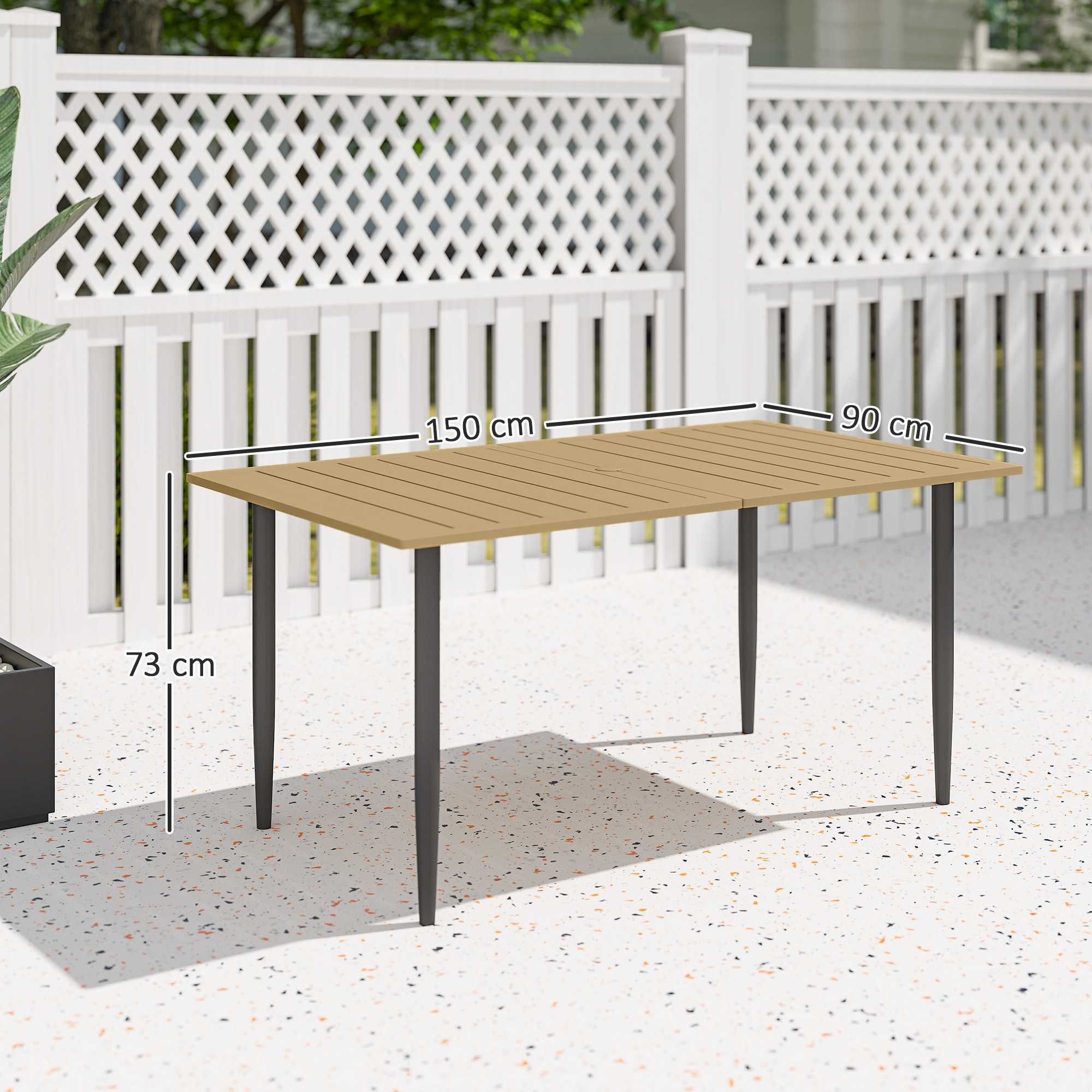 Gartentisch 150x90cm, Wetterfest Balkontisch aus Stahl, Balkontisch mit Schirmloch Braun