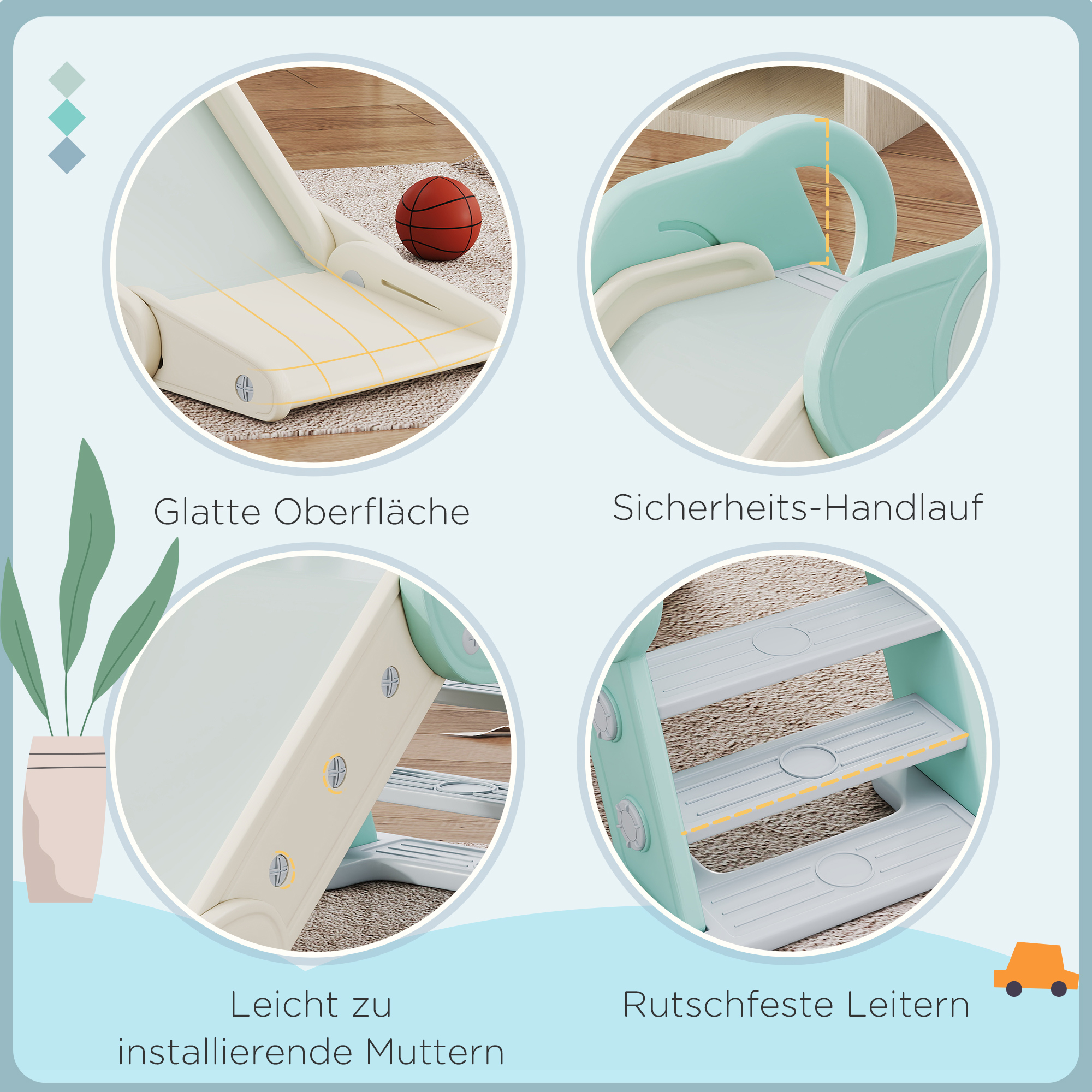 Rutsche für Kleinkinder, klappbar, Indoor, rutschfeste Stufen, erhöhter Sicherheitsrand, grün