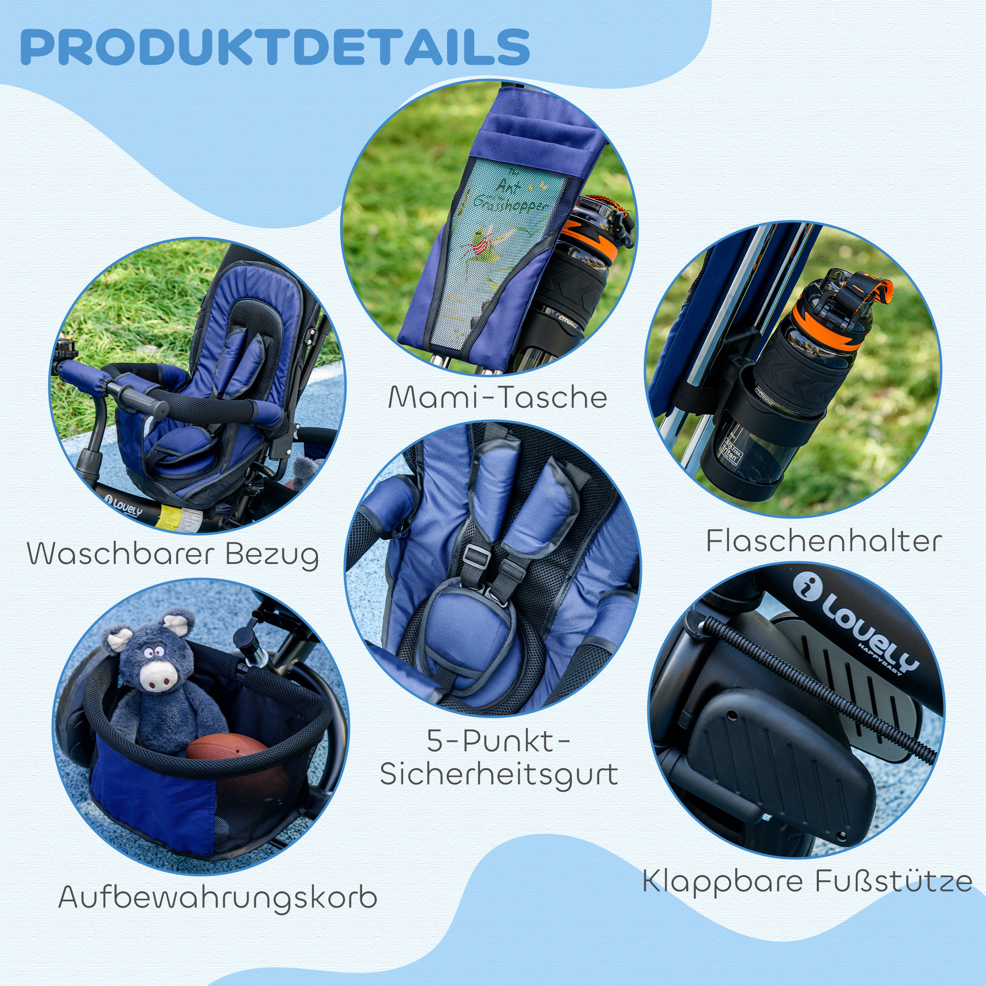 Kinder-Dreirad, Kinderfahrrad, Rückenkorb, Becherhalter, Sonnendach, Metall, Dunkelblau