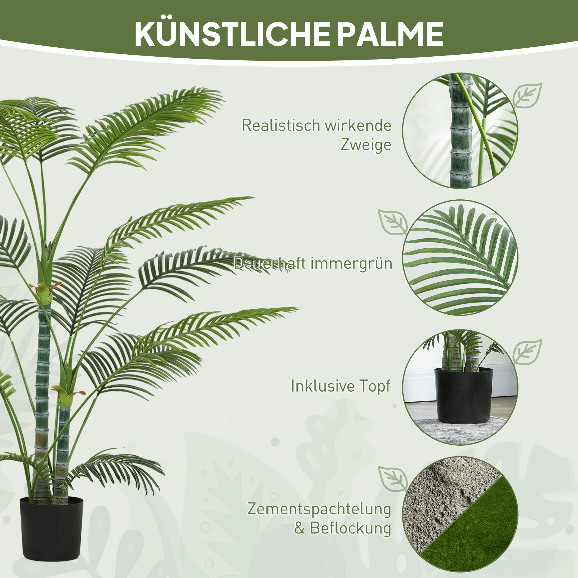 Künstliche Palme mit 16 Kunststoff-Blättern, UV-beständige Kunstpflanze mit Plastiktopf, für drinnen und draußen, Grün