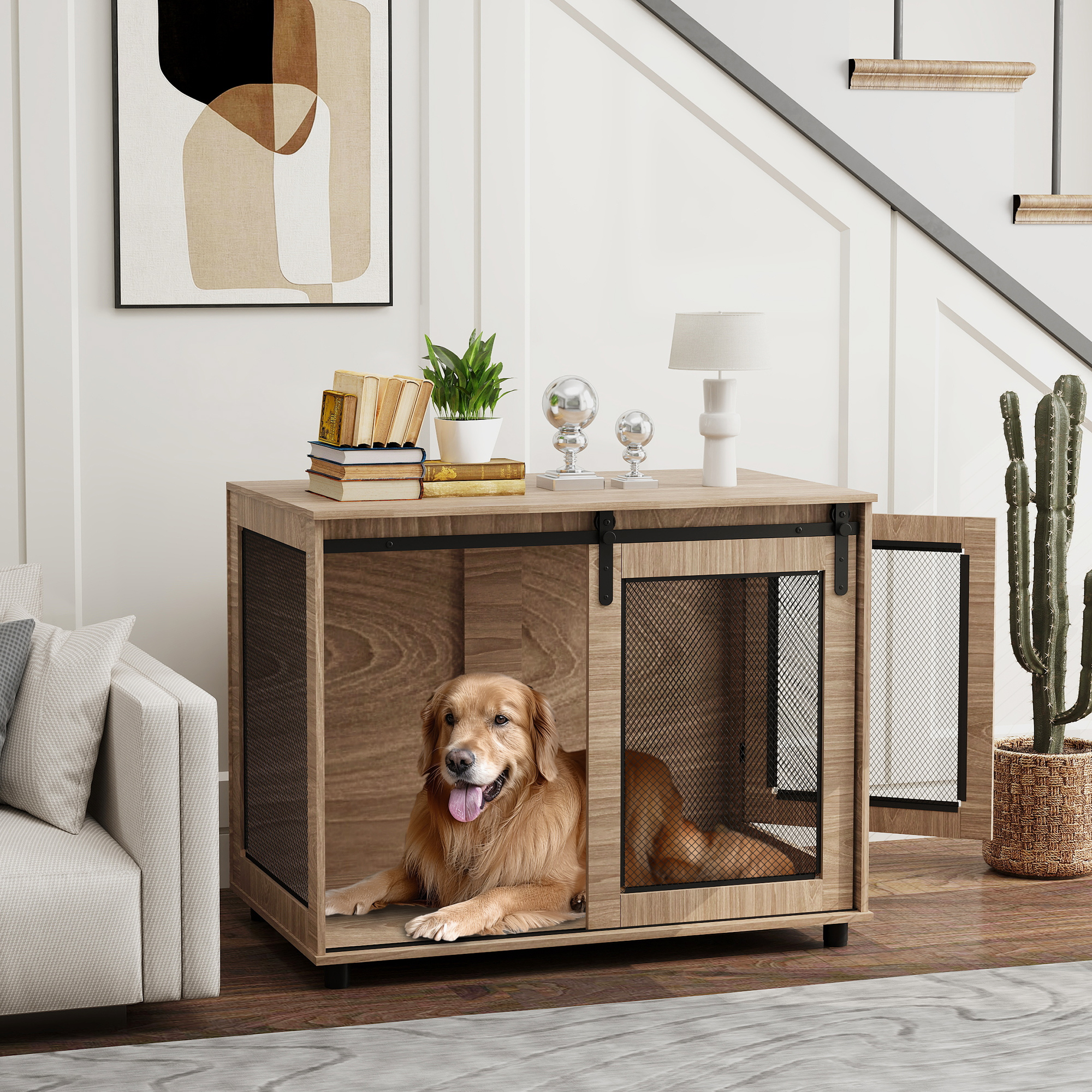 Hundebox, Transportbox für Hunde, Rückzugsbox für Haustiere, verschließbare Türen, 98 x 60 x 78 cm, Hellbraun