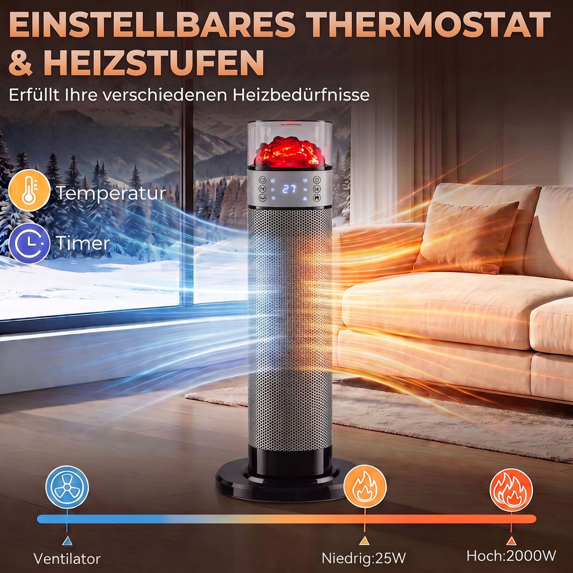 Keramik Heizlüfter 2000W Thermostat elektrische Heizung Fernbedienung Schwarz
