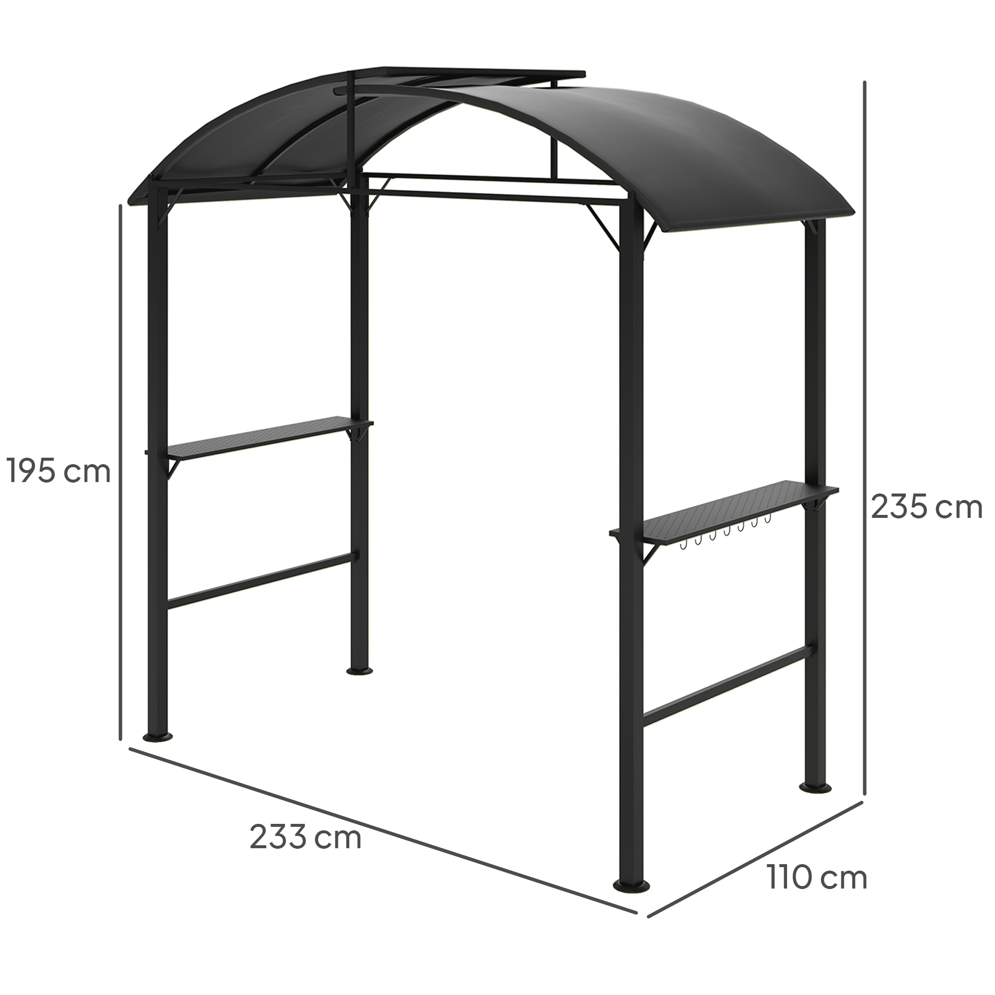 Grillpavillon, 2 Seitenablagen, Haken, Stahlrahmen, 1,1 x 2,3m, Dunkelgrau