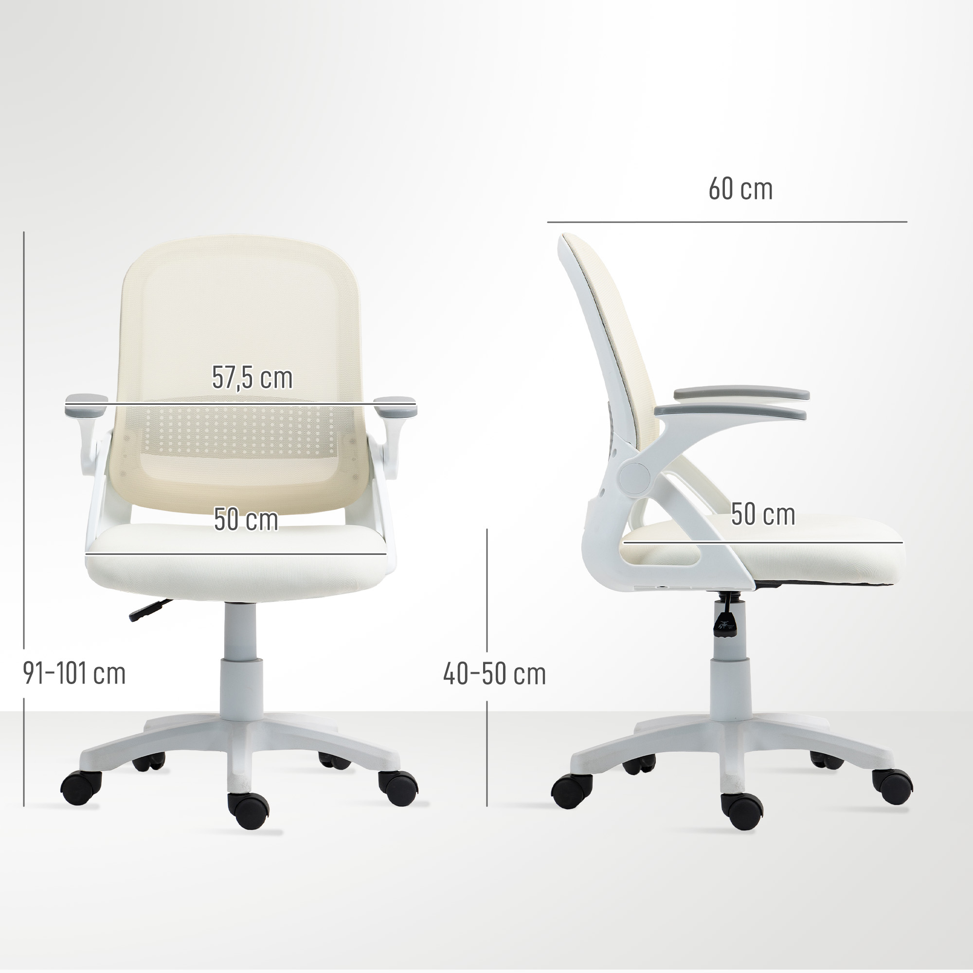 atmungsaktiver Mesh-Bürostuhl, Ergonomischer Drehstuhl mit klappbaren Armlehnen und Lendenwirbelstütze, Weiß