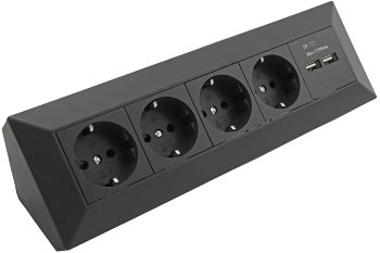 4-fach Steckdosenblock + 2x USB, schwarz, 250V~/ 16A, Aufbaumontage, USB 3,1A