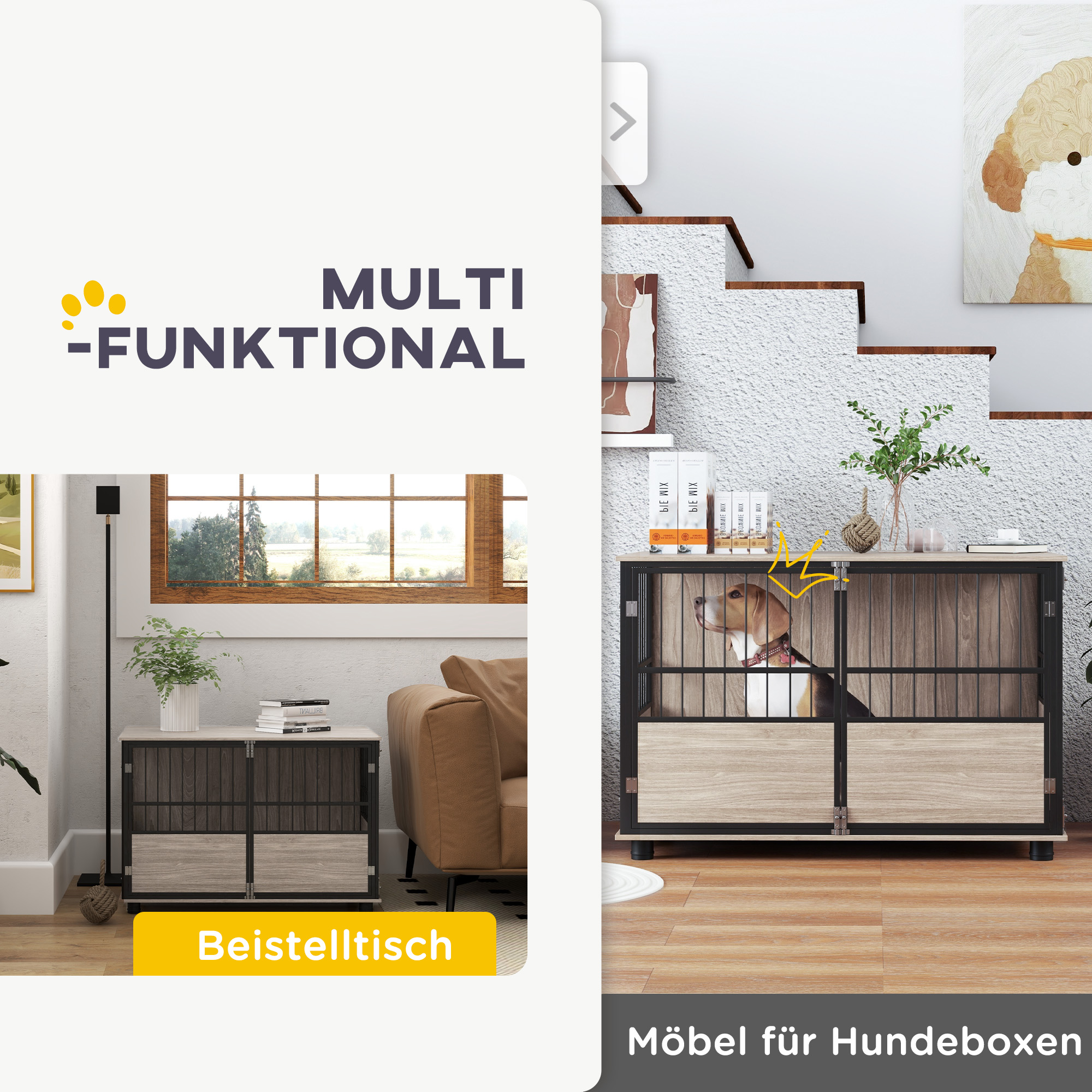 Hundebox, robust & stilvoll, 100x60x68cm, Walnussholz-Finish & Schwarz