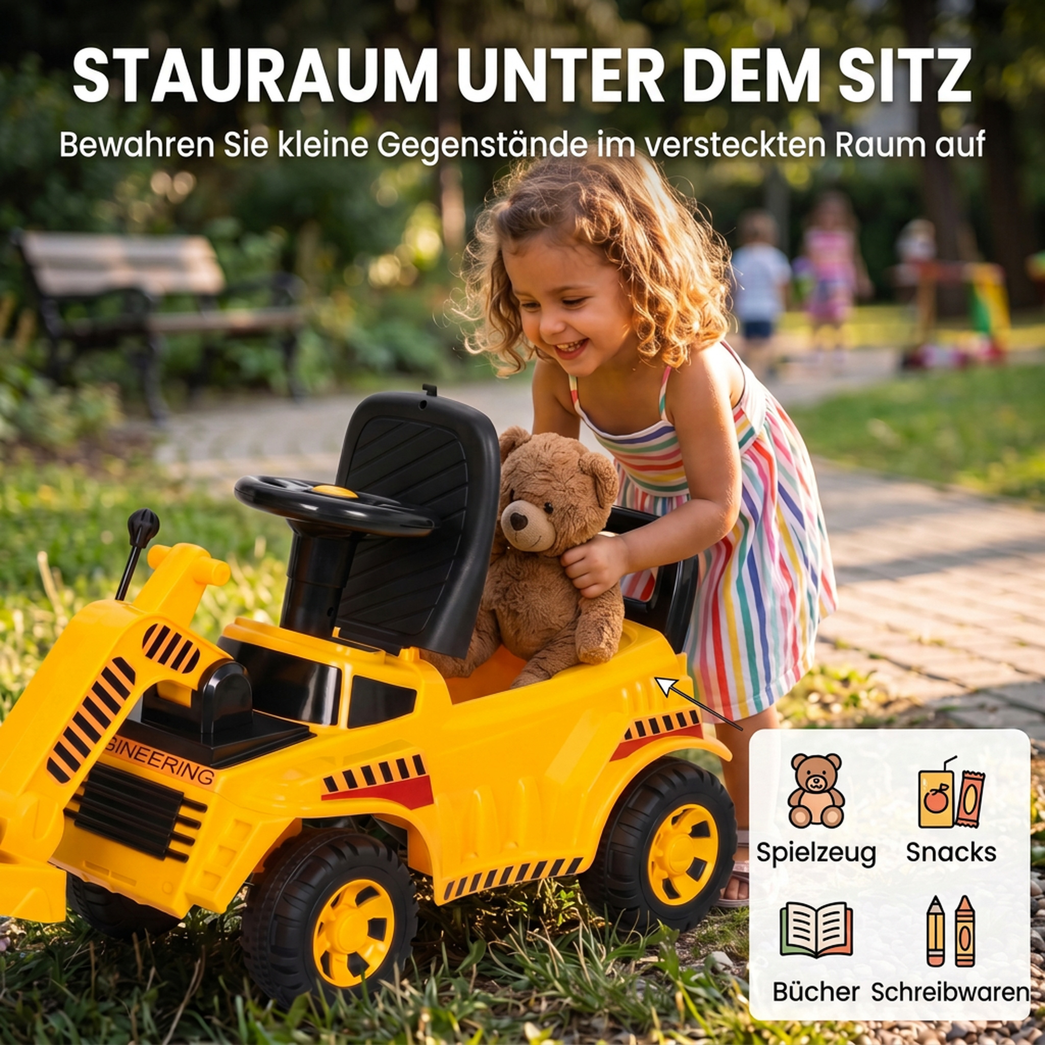 Sitzbagger Aufsitzbagger mit Schaufel Lenkrad Kinderbagger mit anhebbarer Frontwalze, Hupe, Stauraum unter dem Sitz