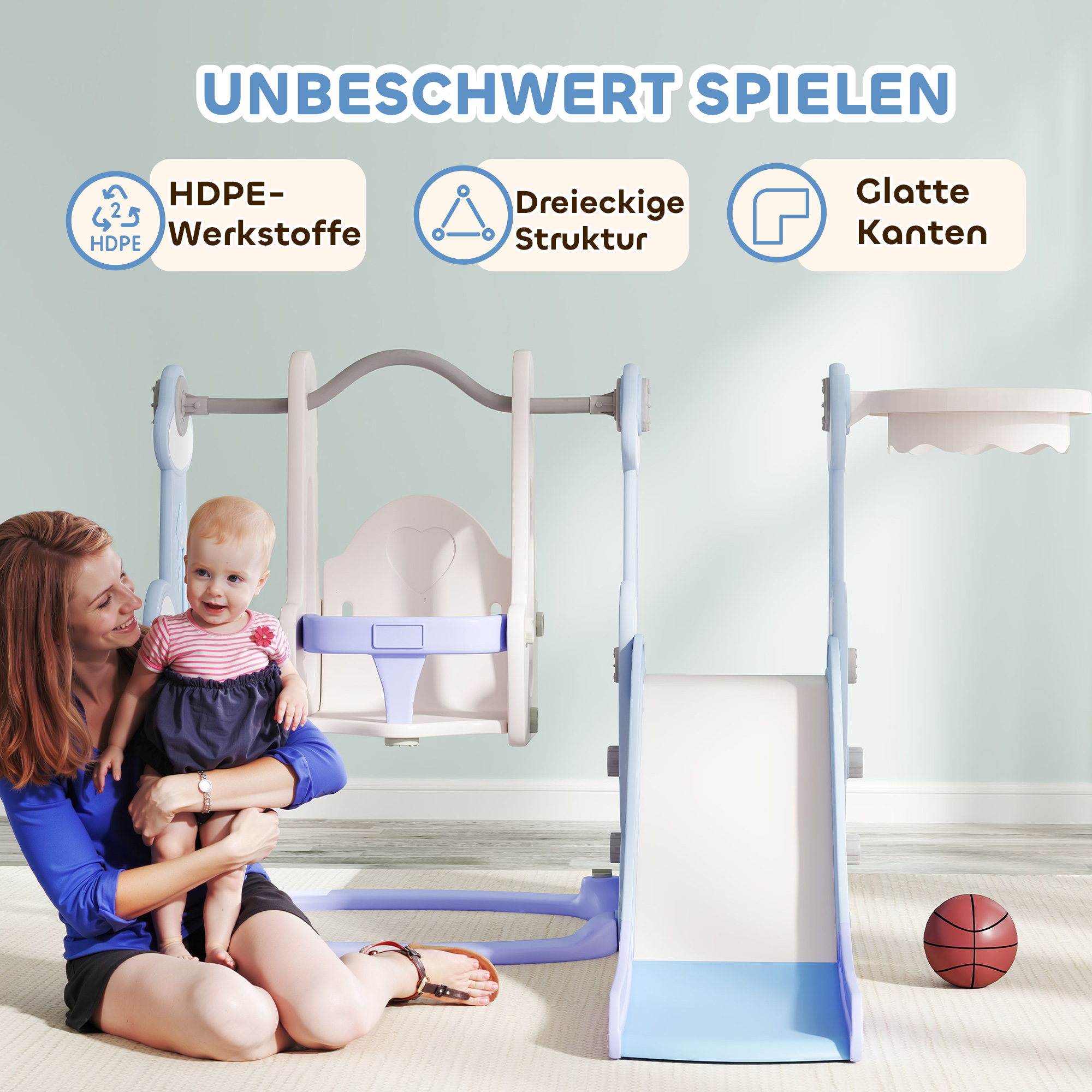 4-in-1 Indoor-Spielplatz, Rutsch- und Schaukelset für Kleinkinder, Basketballkorb, Raketendesign, Kunststoff, Hellblau