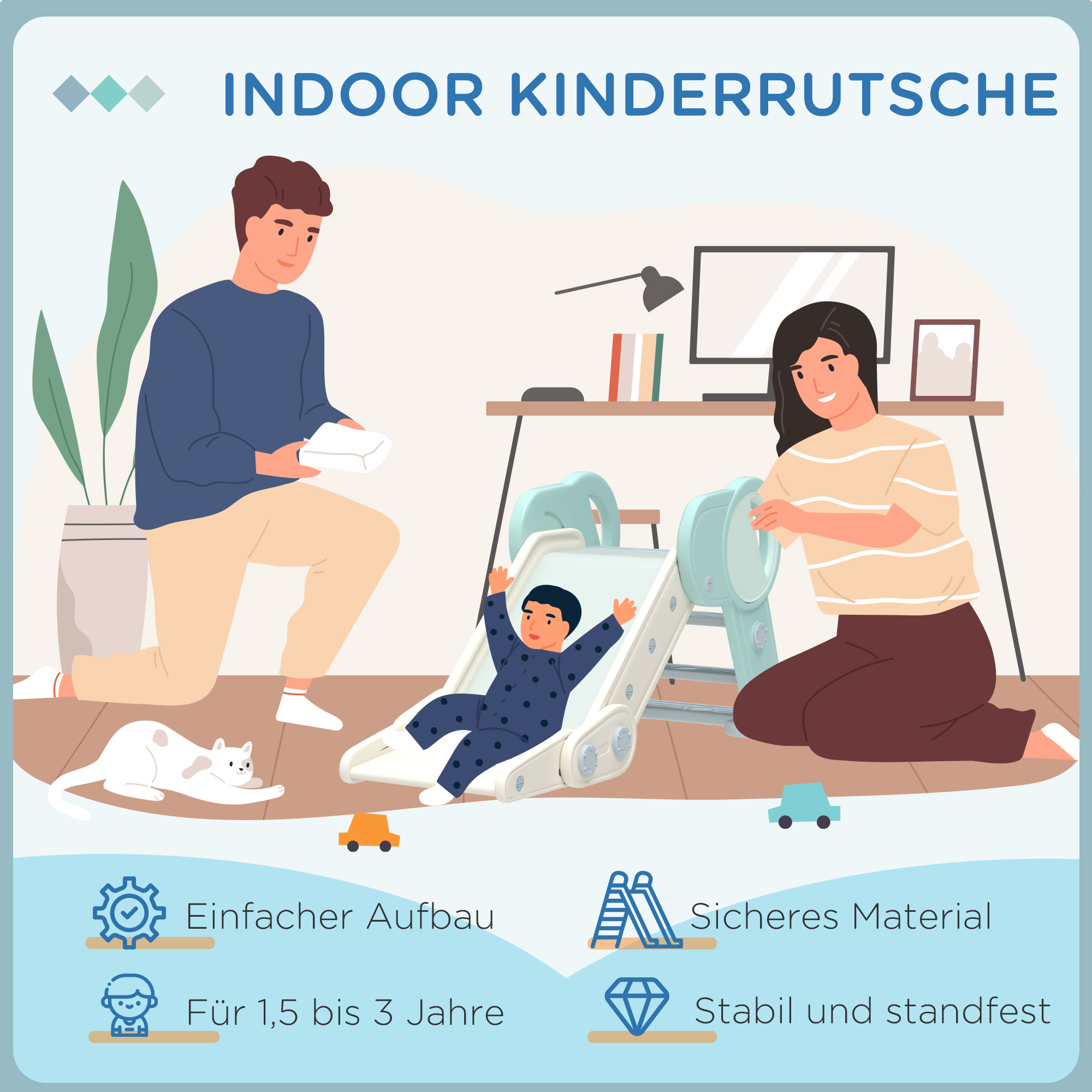 Rutsche für Kleinkinder, klappbar, Indoor, rutschfeste Stufen, erhöhter Sicherheitsrand, grün