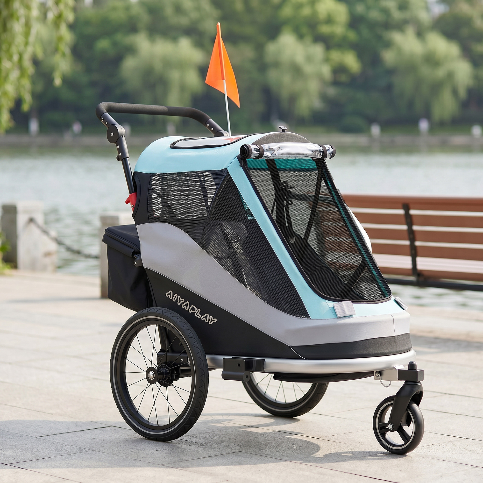 2 in 1 Fahrradanhänger & Buggy Faltbar Kinderfahrradanhänger mit 5-Punkt Gurt Reflektoren 16-Zoll-Luftreifen Bremse