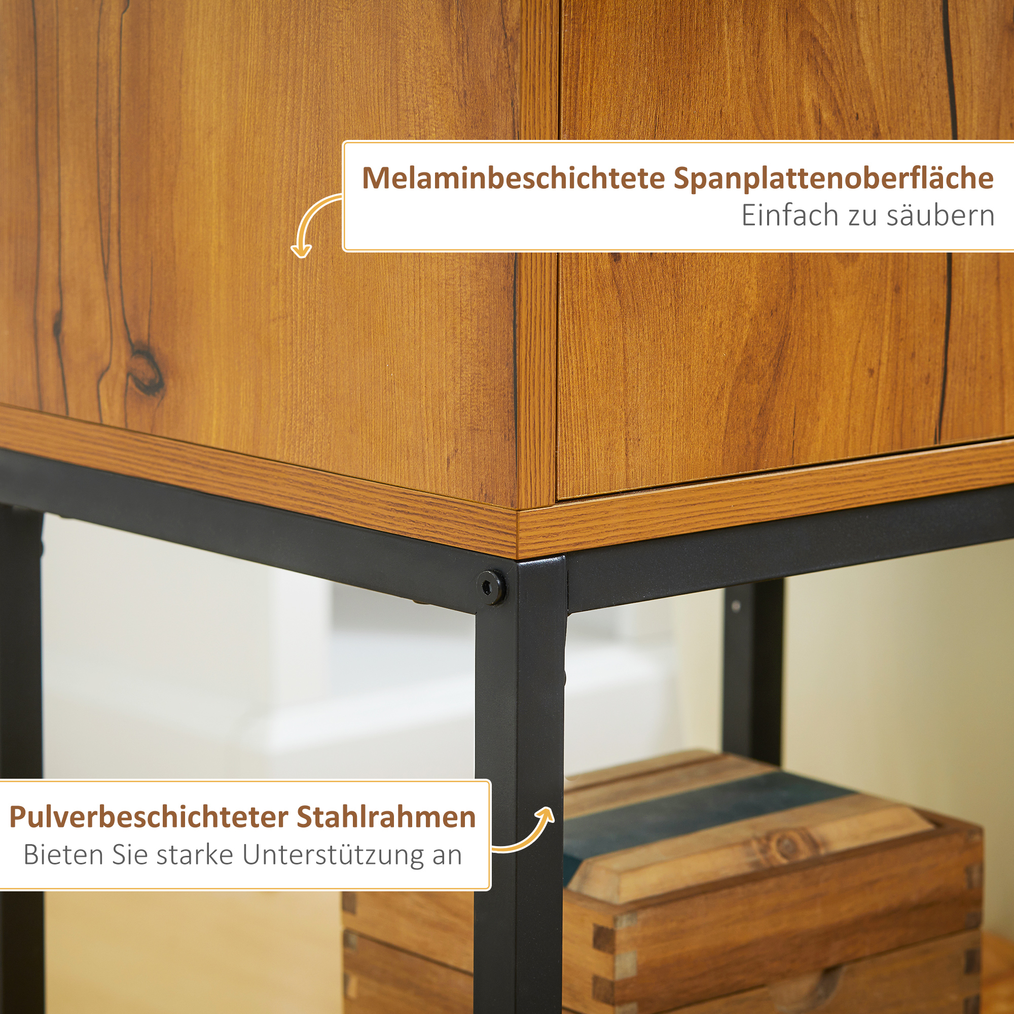 Konsolentisch im Industiriedesign, Beistelltisch, Sideboard, 1 Schrank, Naturholz + Schwarz