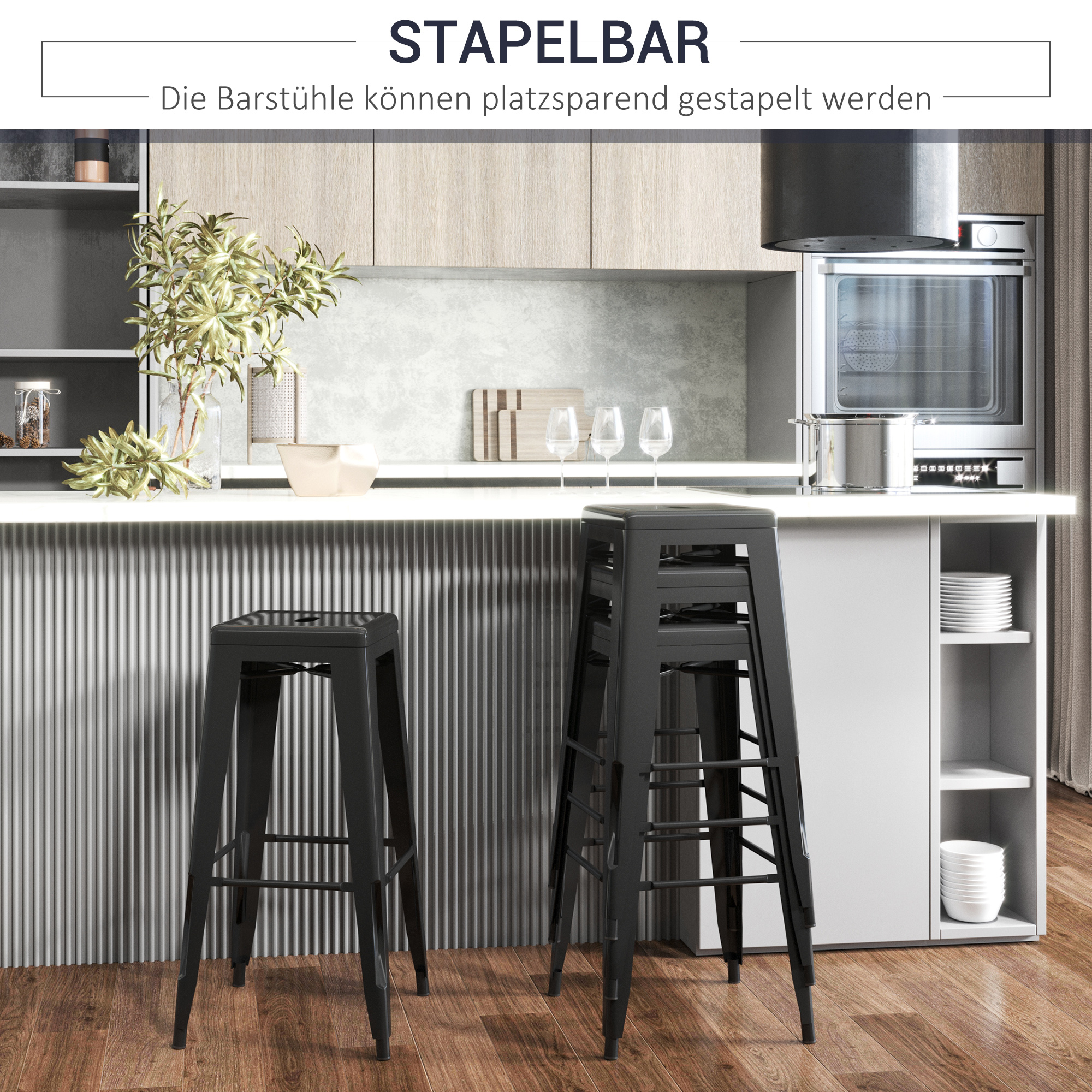 4er-Set Barhocker aus Metall, für drinnen und draußen, stapelbares Design, Schwarz